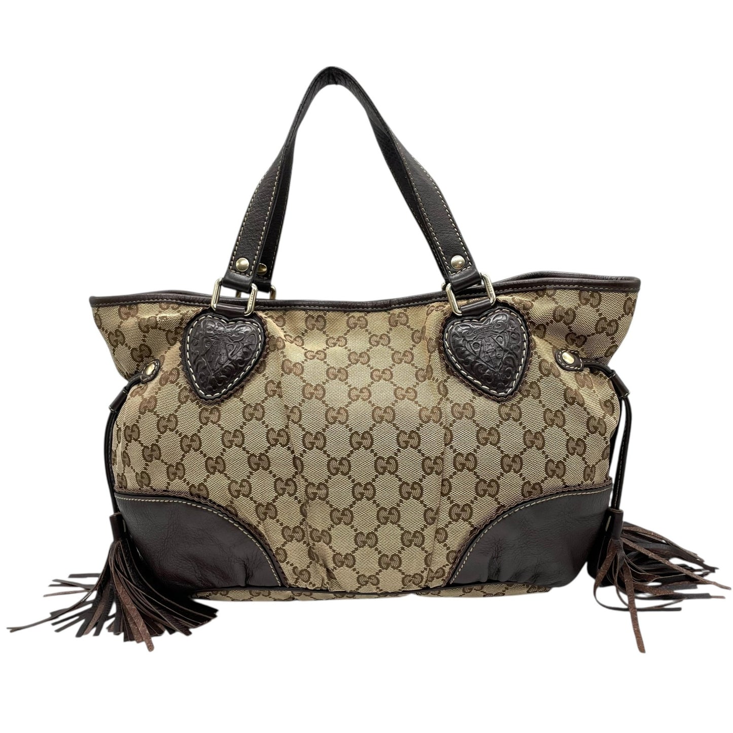GUCCI グッチ GGキャンバス ハート タッセル トートバッグ ブラウン レザー トリム ショルダー ハンドバッグ 211955 レディース