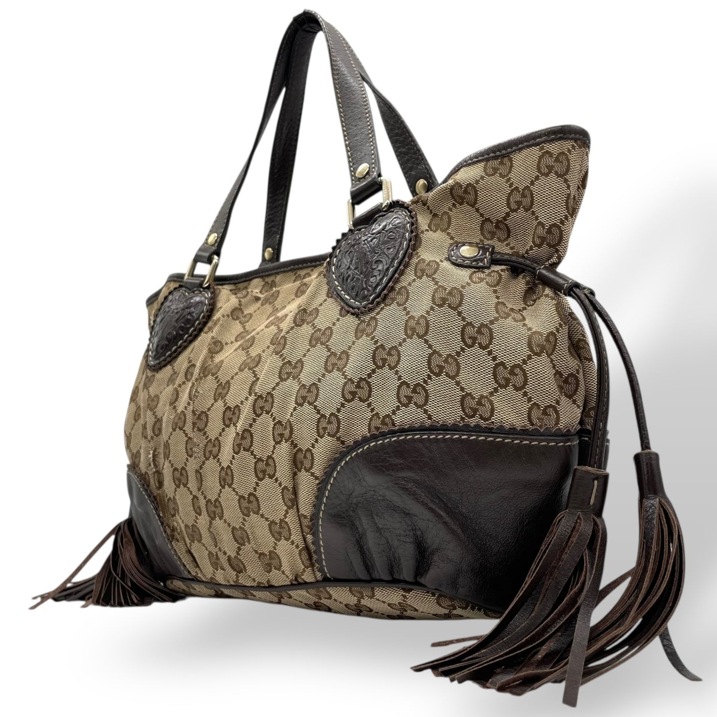 GUCCI グッチ GGキャンバス ハート タッセル トートバッグ ブラウン レザー トリム ショルダー ハンドバッグ 211955 レディース