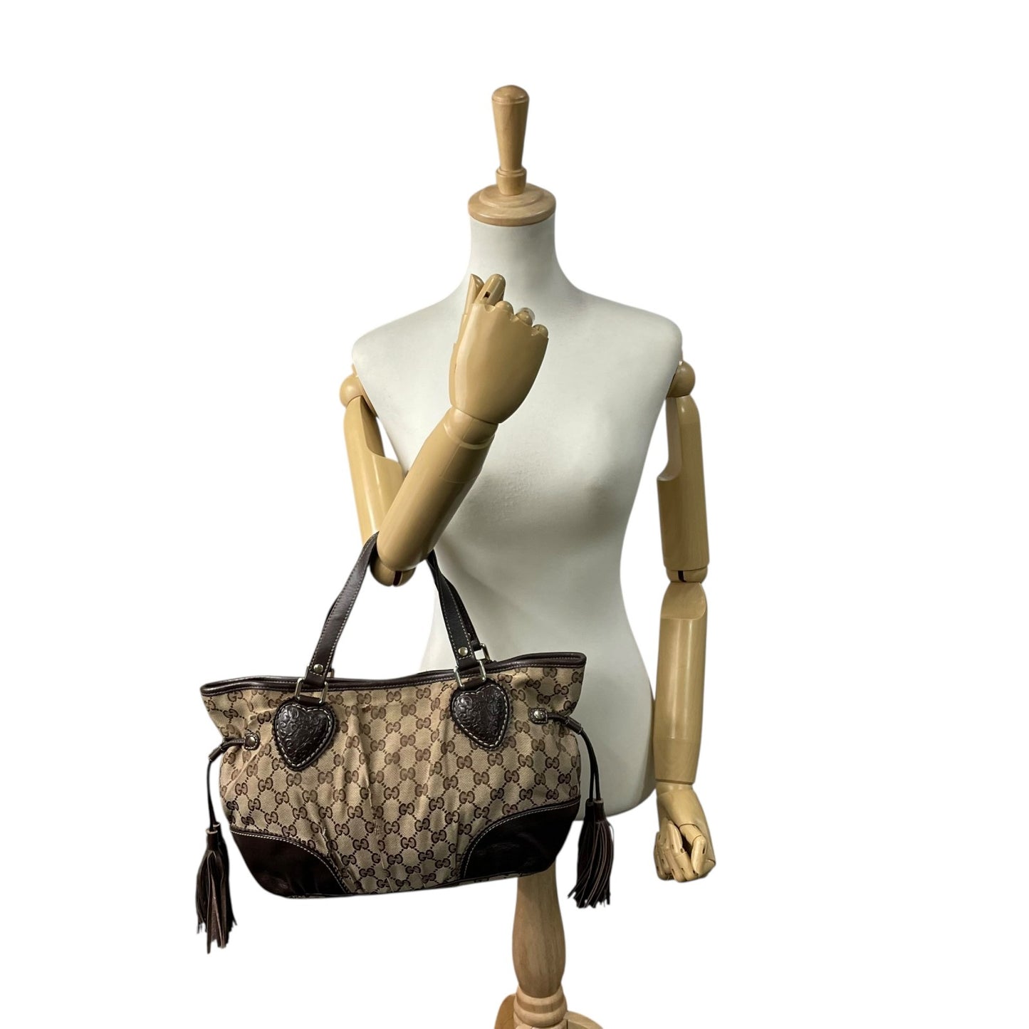 GUCCI グッチ GGキャンバス ハート タッセル トートバッグ ブラウン レザー トリム ショルダー ハンドバッグ 211955 レディース