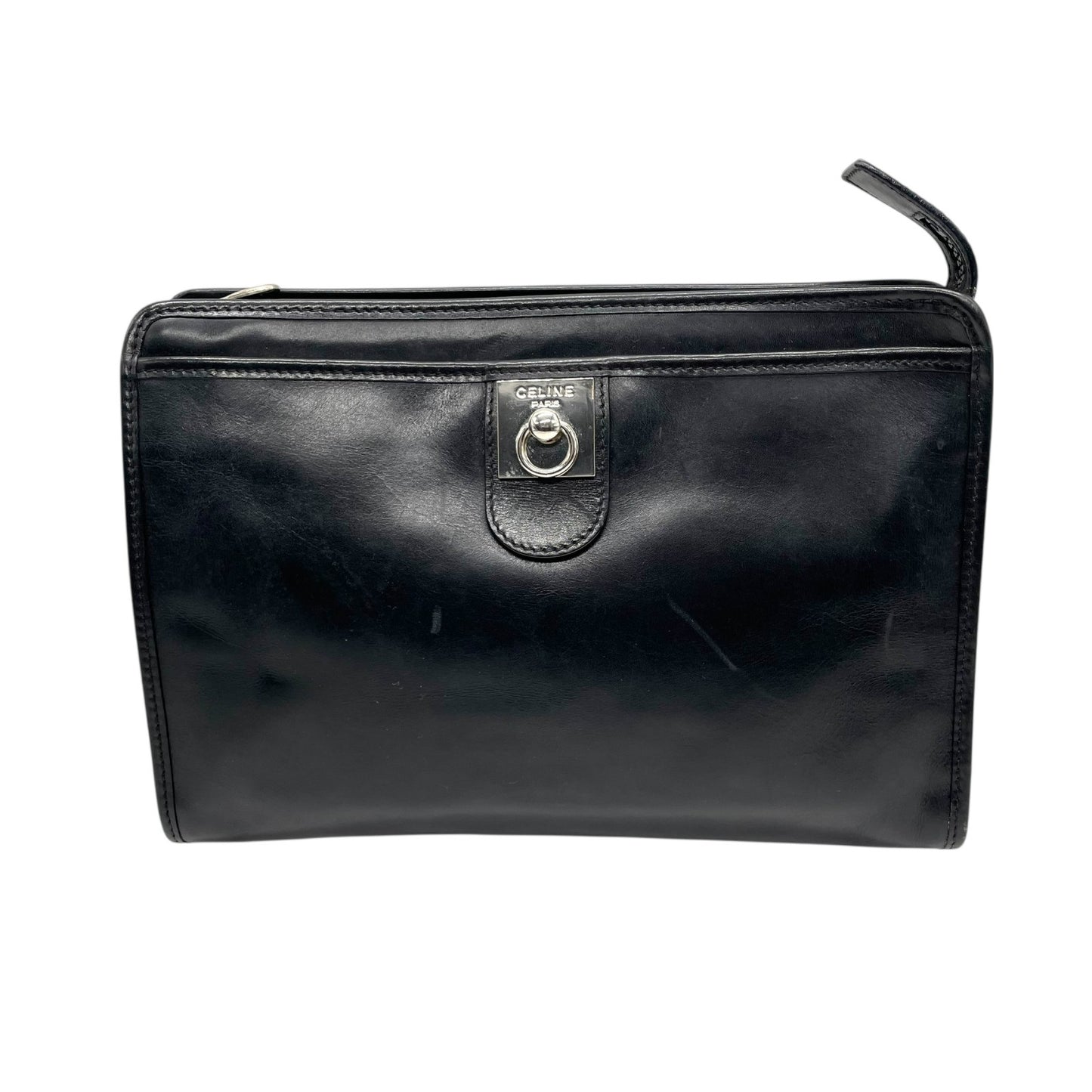 CELINE ヴィンテージ レザークラッチバッグ シルバーサークル金具 ブラック 黒 フラップ クラッチ セリーヌ レディース c6