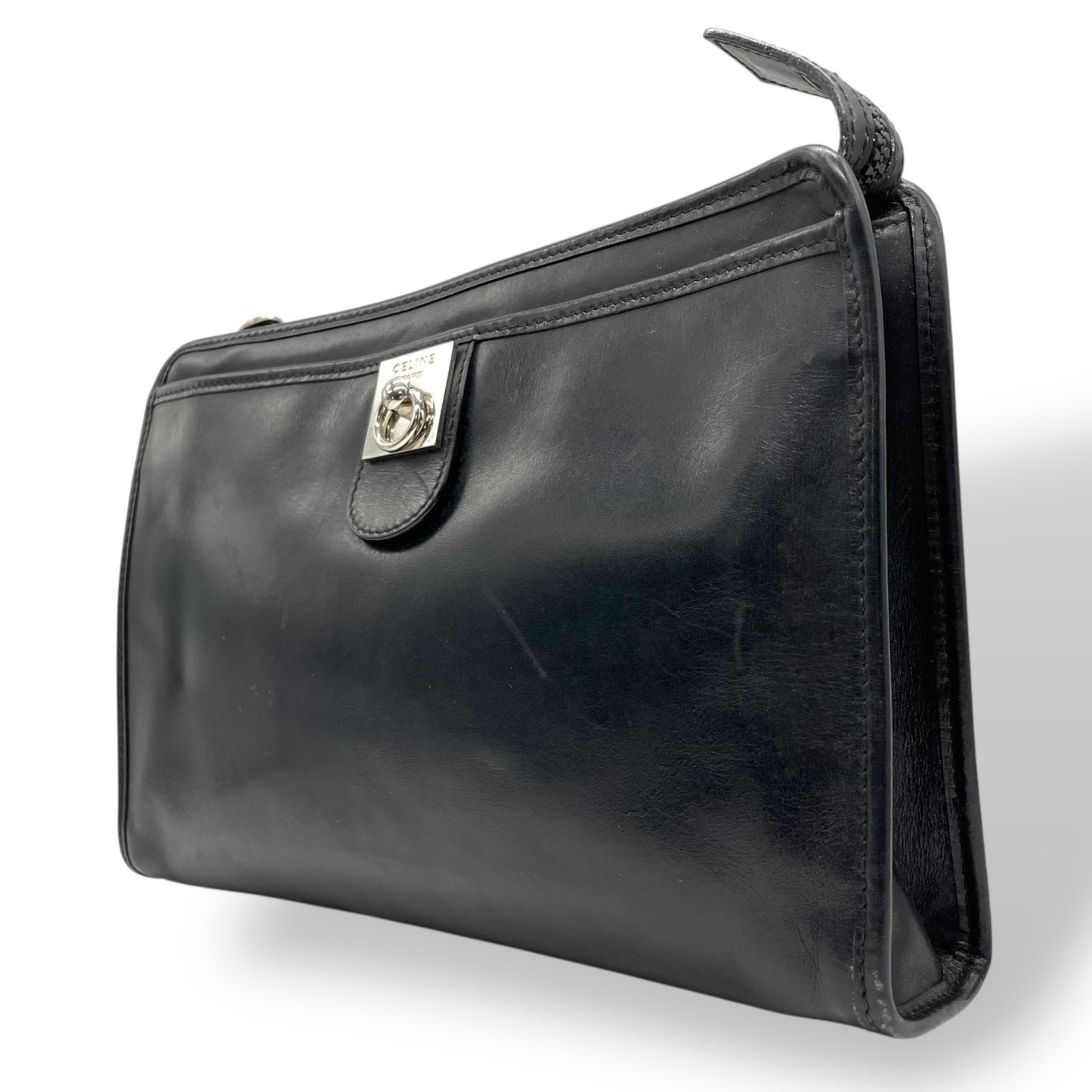 CELINE ヴィンテージ レザークラッチバッグ シルバーサークル金具 ブラック 黒 フラップ クラッチ セリーヌ レディース c6