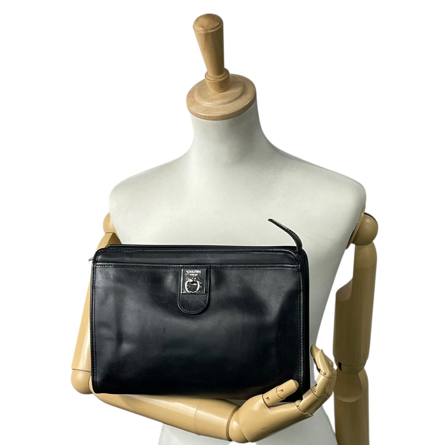 CELINE ヴィンテージ レザークラッチバッグ シルバーサークル金具 ブラック 黒 フラップ クラッチ セリーヌ レディース c6