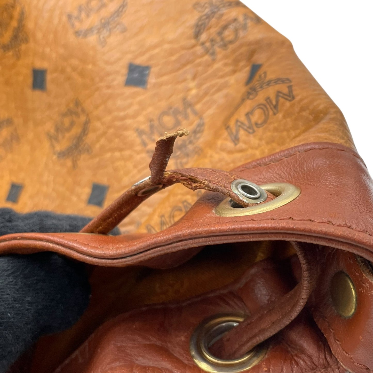 MCM ヴィンテージ ヴィセトス 巾着 ショルダーバッグ ドローストリング バケットバッグ ブラウン レザー切替 ゴールド金具 レディース D6