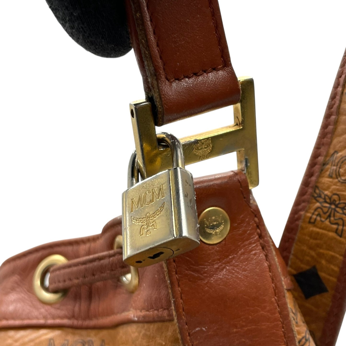 MCM ヴィンテージ ヴィセトス 巾着 ショルダーバッグ ドローストリング バケットバッグ ブラウン レザー切替 ゴールド金具 レディース D6