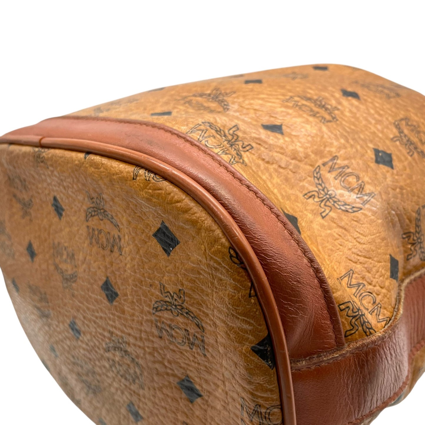 MCM ヴィンテージ ヴィセトス 巾着 ショルダーバッグ ドローストリング バケットバッグ ブラウン レザー切替 ゴールド金具 レディース D6