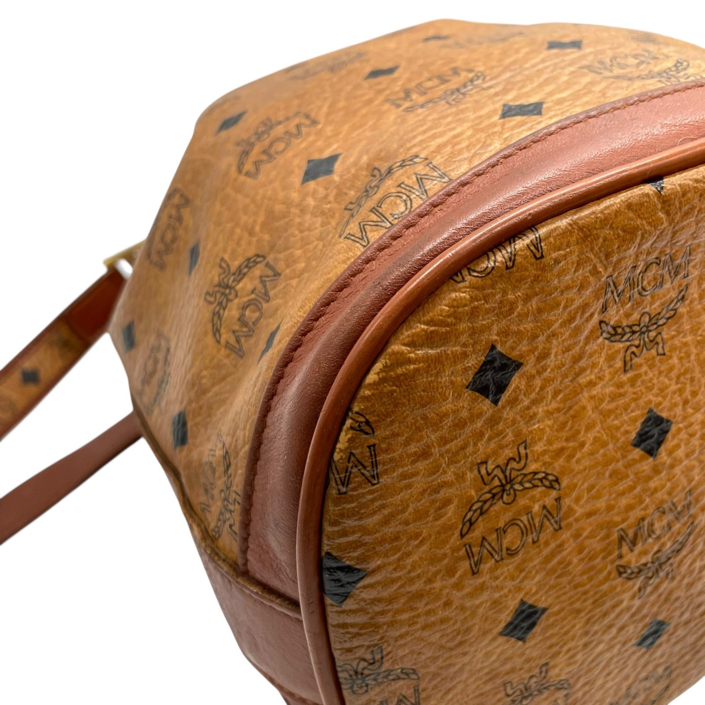 MCM ヴィンテージ ヴィセトス 巾着 ショルダーバッグ ドローストリング バケットバッグ ブラウン レザー切替 ゴールド金具 レディース D6