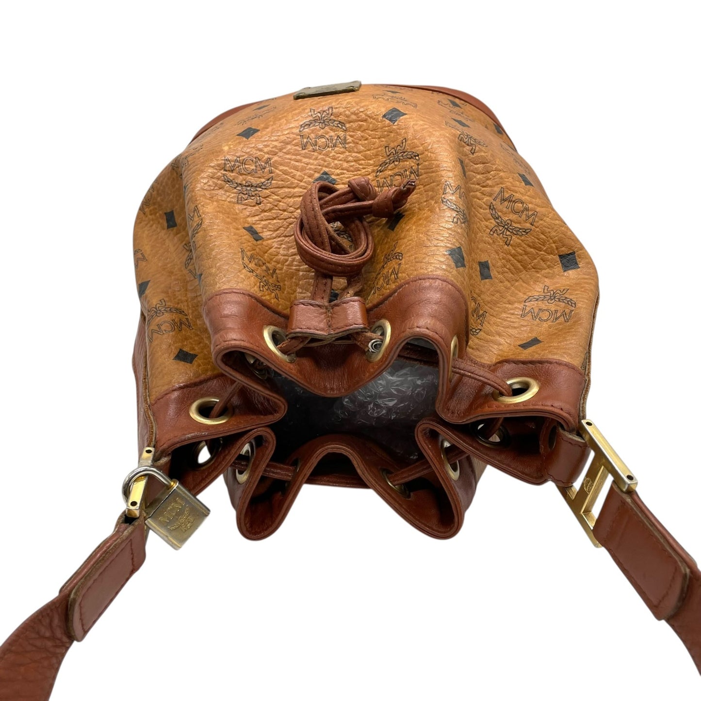 MCM ヴィンテージ ヴィセトス 巾着 ショルダーバッグ ドローストリング バケットバッグ ブラウン レザー切替 ゴールド金具 レディース D6