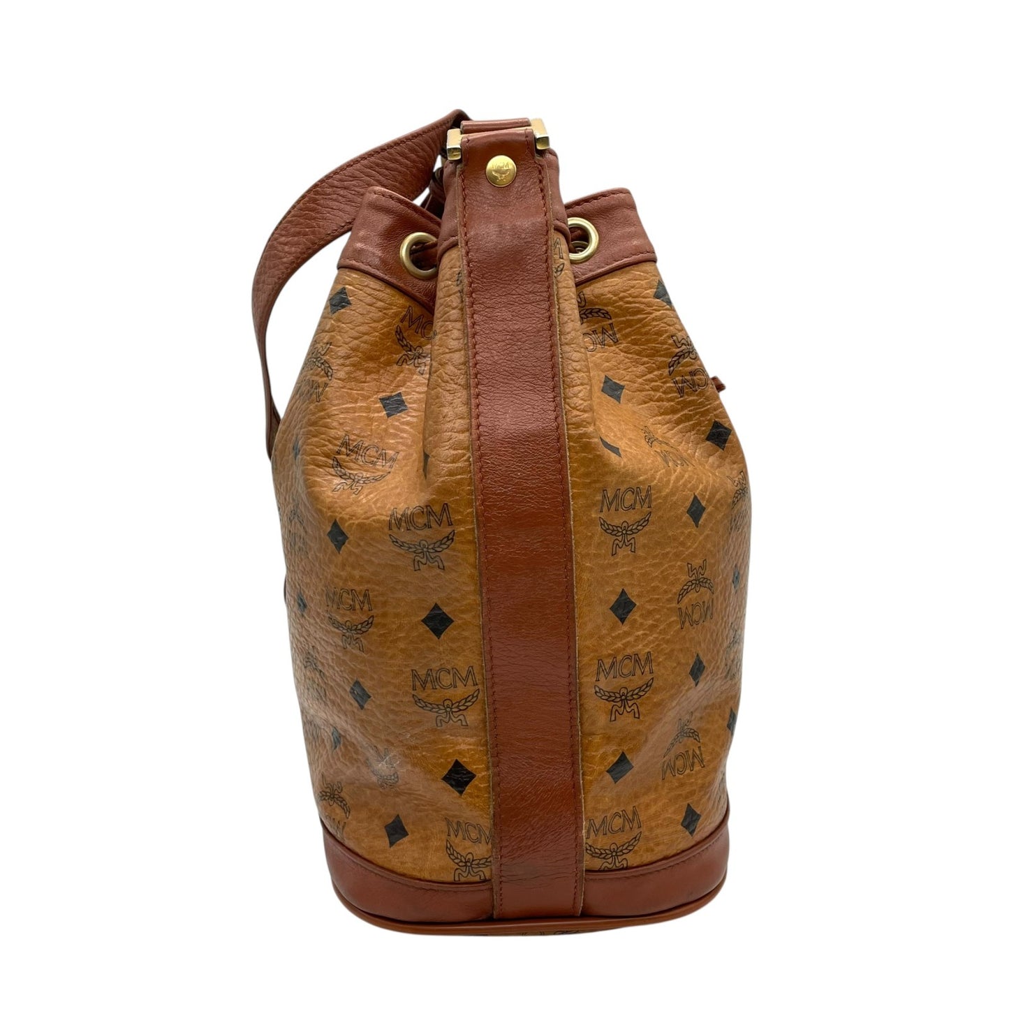 MCM ヴィンテージ ヴィセトス 巾着 ショルダーバッグ ドローストリング バケットバッグ ブラウン レザー切替 ゴールド金具 レディース D6