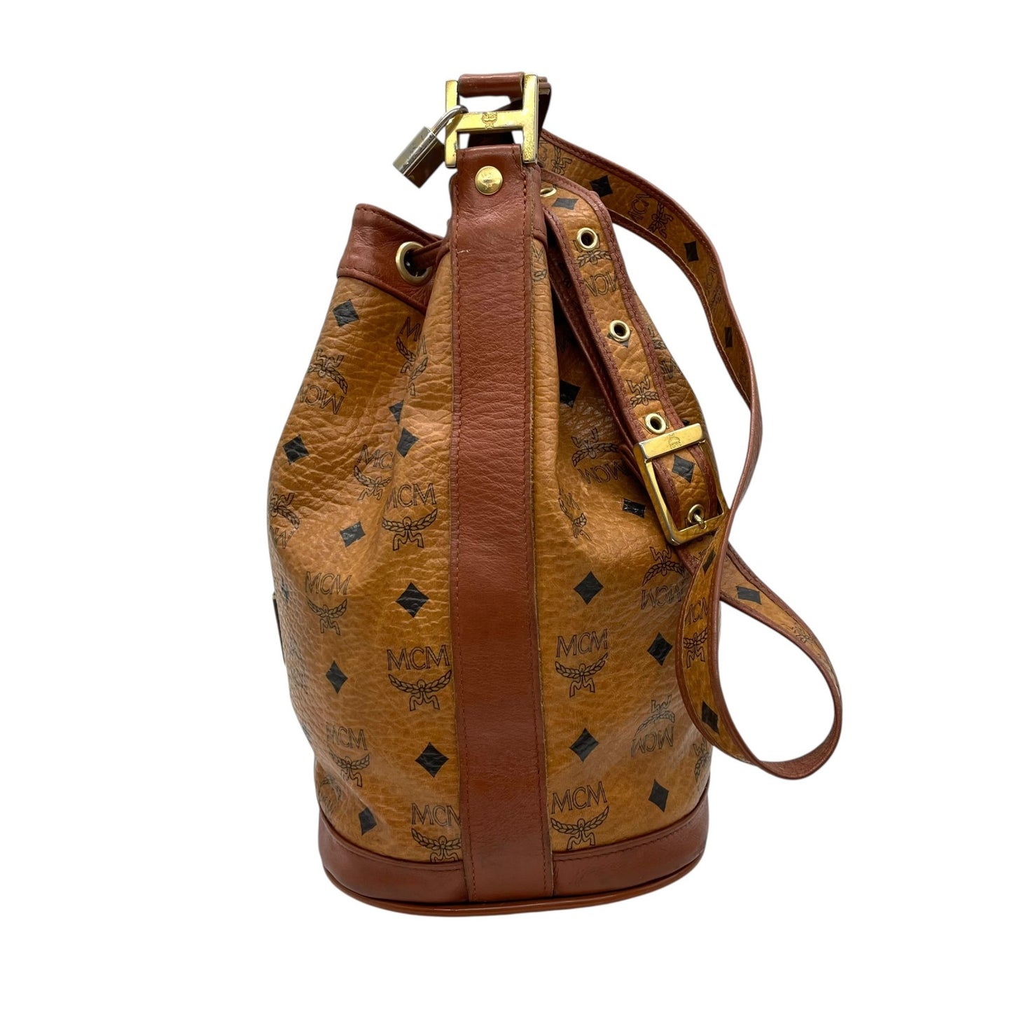 MCM ヴィンテージ ヴィセトス 巾着 ショルダーバッグ ドローストリング バケットバッグ ブラウン レザー切替 ゴールド金具 レディース D6