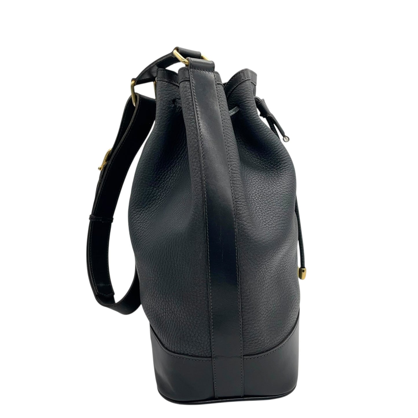 CELINE セリーヌ ドローストリング ショルダーバッグ ヴィンテージ レザー バケットバッグ ネイビー ゴールド金具 ポーチ付き レディース S21