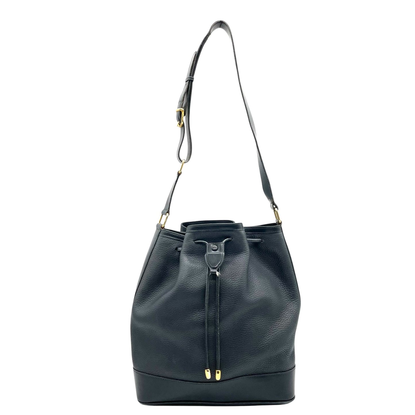 CELINE セリーヌ ドローストリング ショルダーバッグ ヴィンテージ レザー バケットバッグ ネイビー ゴールド金具 ポーチ付き レディース S21