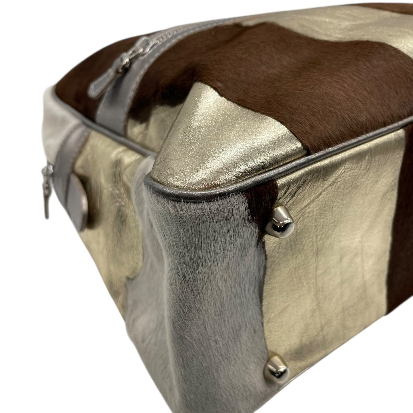 ジャックルコー リスボン ミニボストンバッグ カーフヘア パッチワーク 2000年代 メタリック レザー ハンドバッグ JACQUES LE CORRE Lisbonne