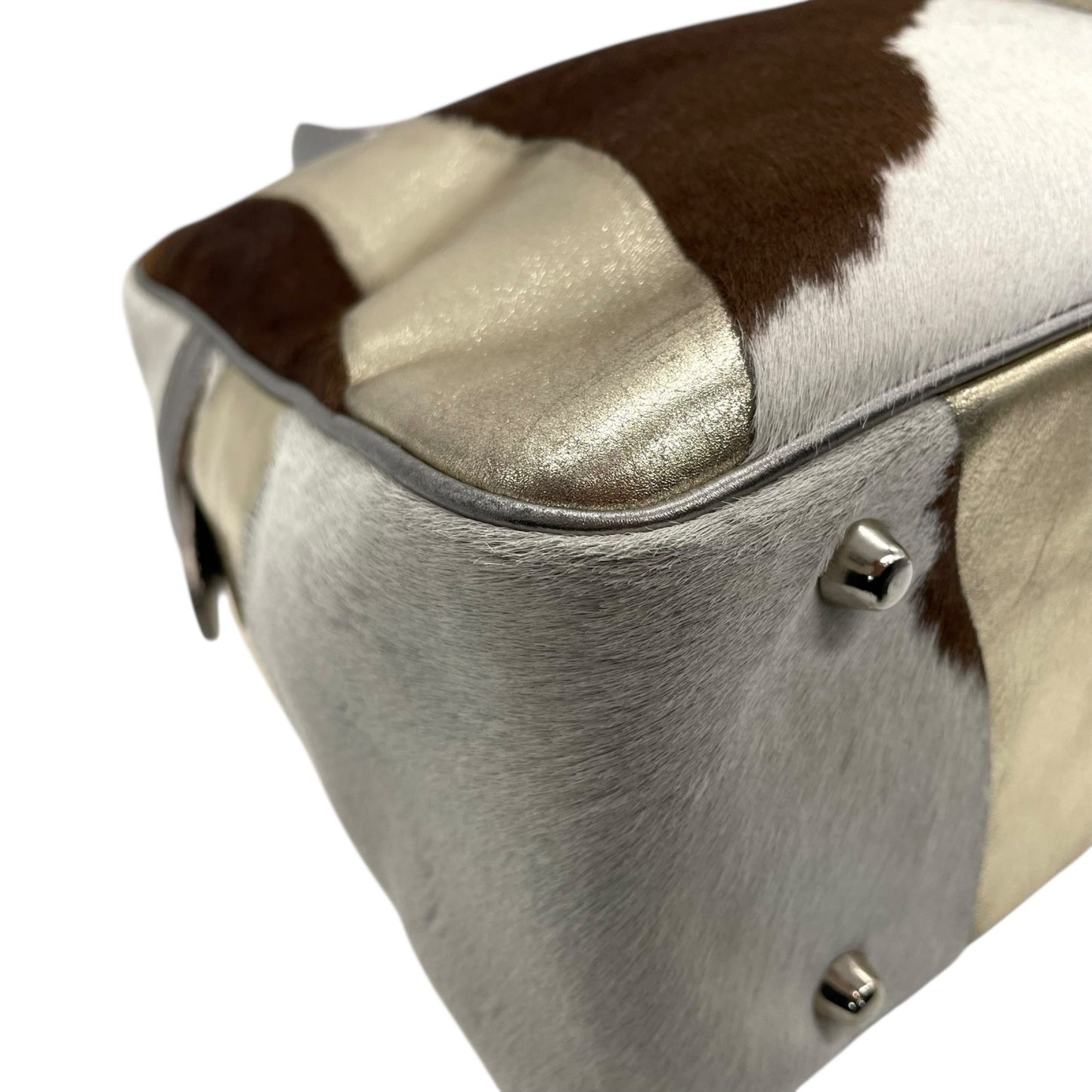 ジャックルコー リスボン ミニボストンバッグ カーフヘア パッチワーク 2000年代 メタリック レザー ハンドバッグ JACQUES LE CORRE Lisbonne