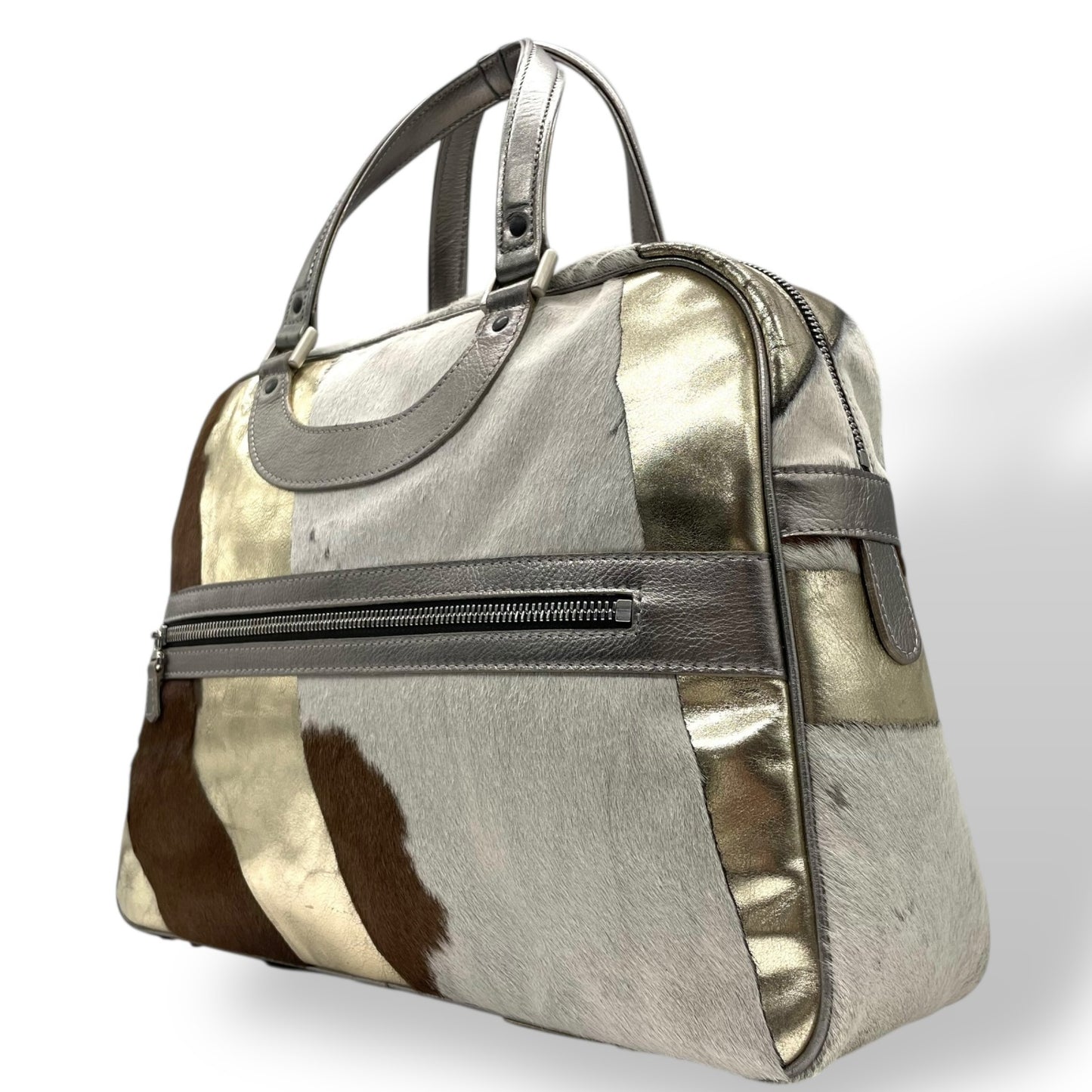 ジャックルコー リスボン ミニボストンバッグ カーフヘア パッチワーク 2000年代 メタリック レザー ハンドバッグ JACQUES LE CORRE Lisbonne