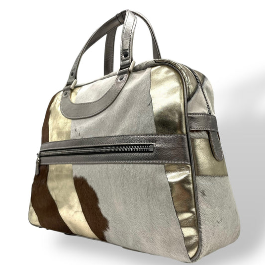 ジャックルコー リスボン ミニボストンバッグ カーフヘア パッチワーク 2000年代 メタリック レザー ハンドバッグ JACQUES LE CORRE Lisbonne