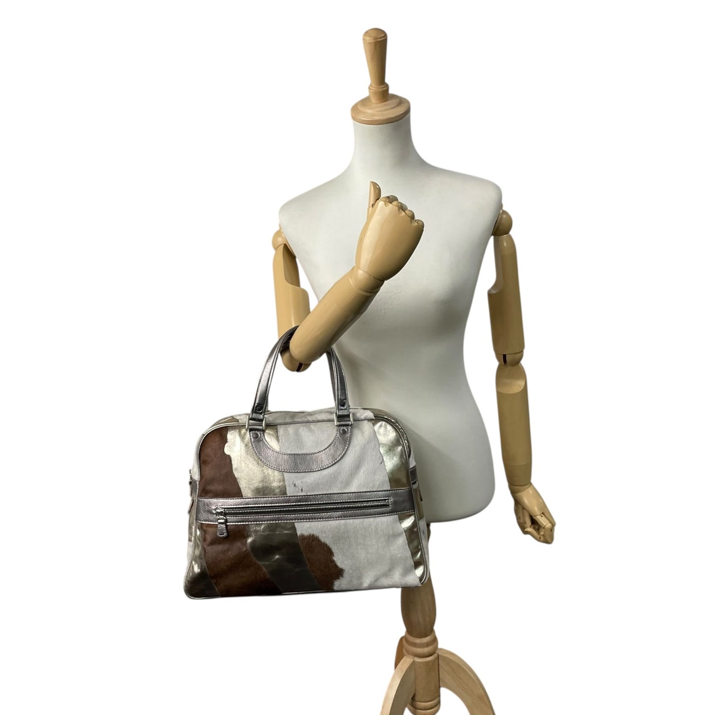 ジャックルコー リスボン ミニボストンバッグ カーフヘア パッチワーク 2000年代 メタリック レザー ハンドバッグ JACQUES LE CORRE Lisbonne