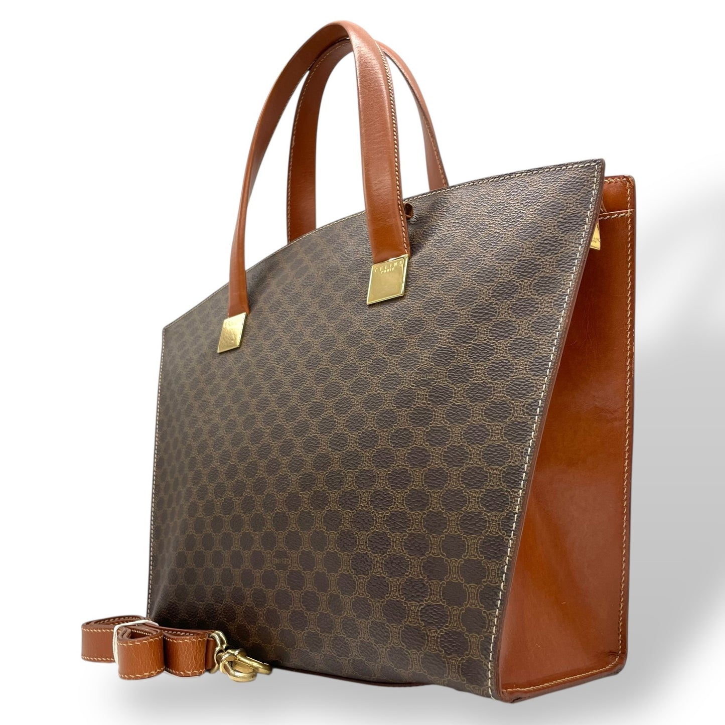 セリーヌ CELINE マカダム ブラゾン 柄 2WAY トートバッグ ショルダーバッグ ハンドバッグ 斜め掛け可 PVC レザー 本革 ブラウン 茶 ゴールド金具 オールドセリーヌ ビンテージ クラシック レトロ レディース 鞄 カバン イタリア製 B
