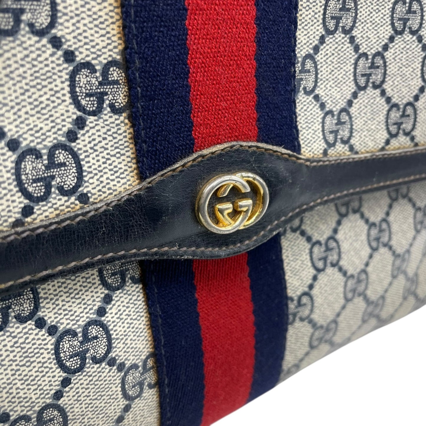 GUCCI グッチ GGスプリーム ショルダーバッグ ウェブライン グレー ネイビー PVC レザー ヴィンテージ z3