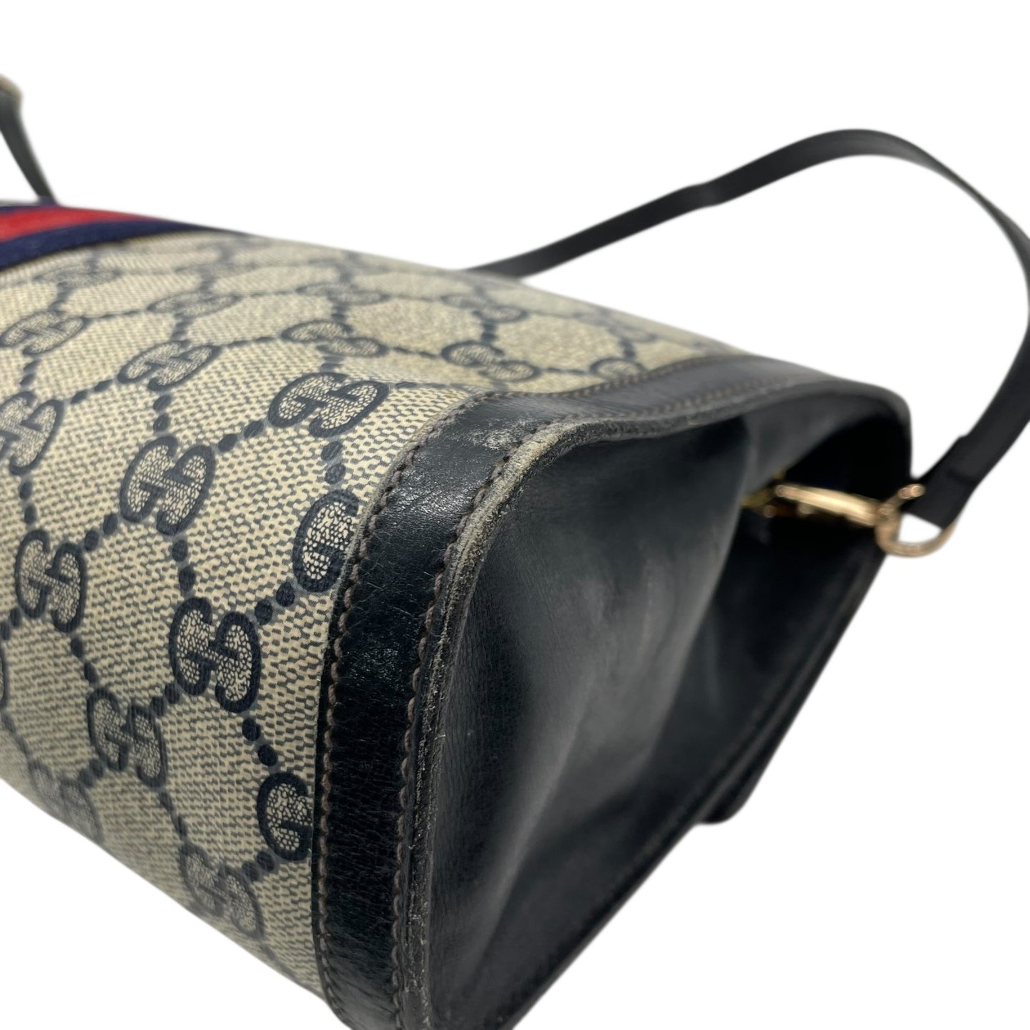 GUCCI グッチ GGスプリーム ショルダーバッグ ウェブライン グレー ネイビー PVC レザー ヴィンテージ z3