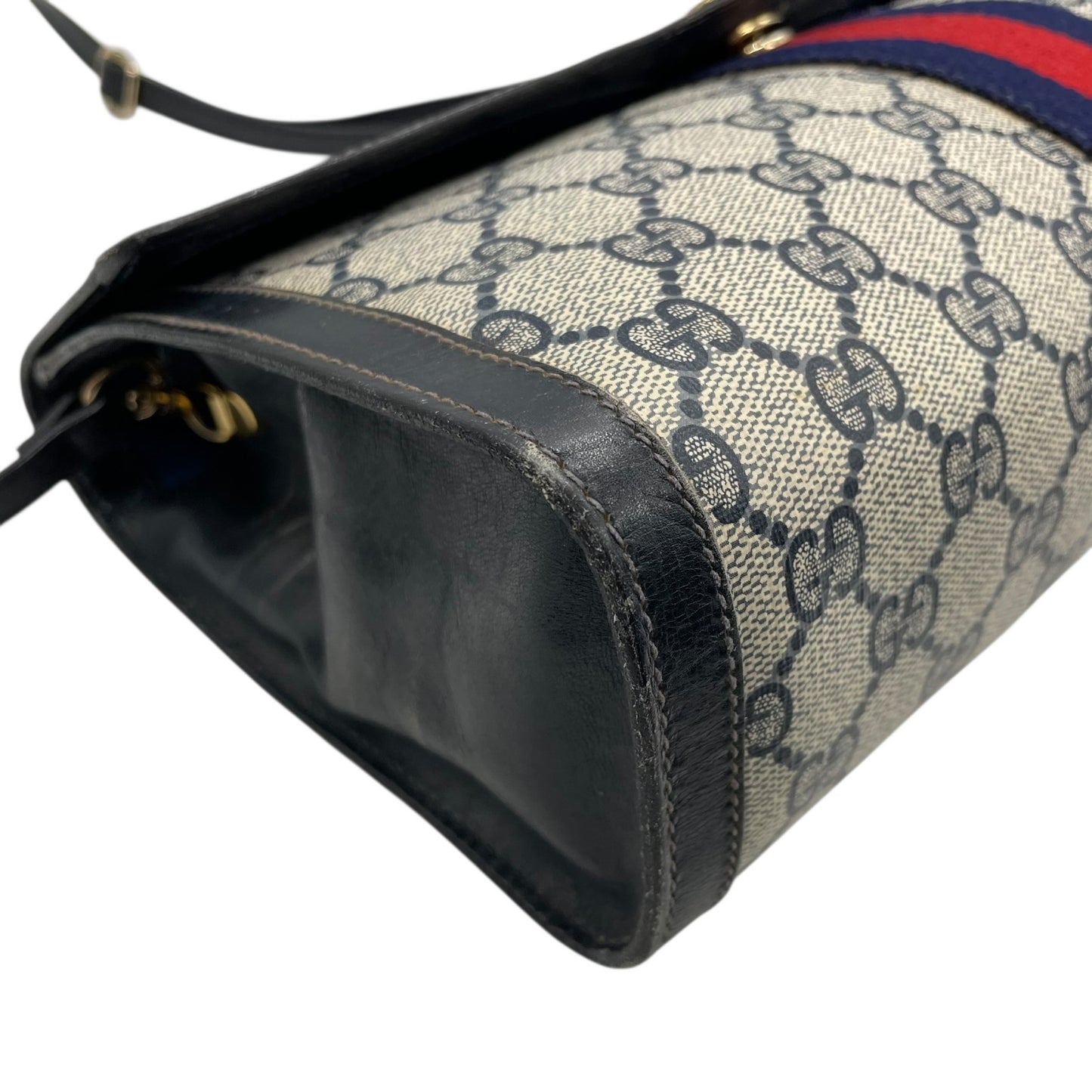 GUCCI グッチ GGスプリーム ショルダーバッグ ウェブライン グレー ネイビー PVC レザー ヴィンテージ z3