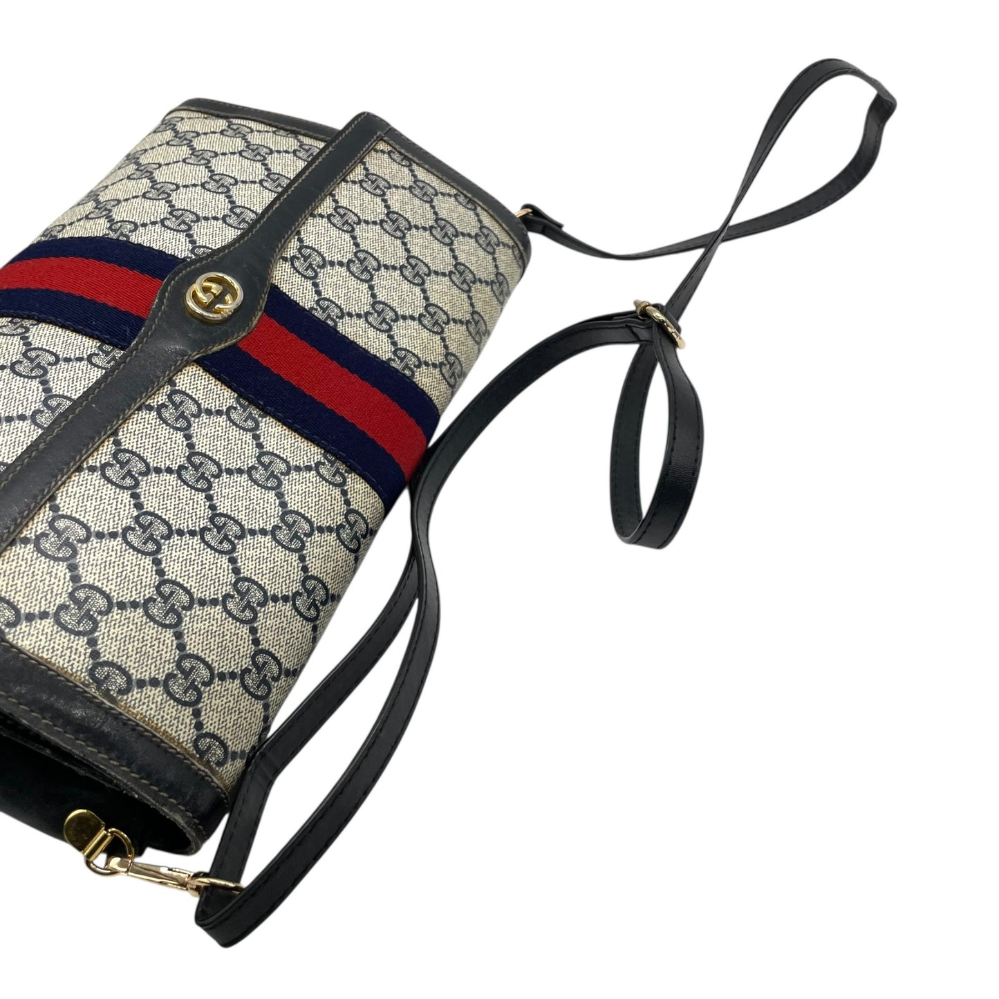 GUCCI グッチ GGスプリーム ショルダーバッグ ウェブライン グレー ネイビー PVC レザー ヴィンテージ z3