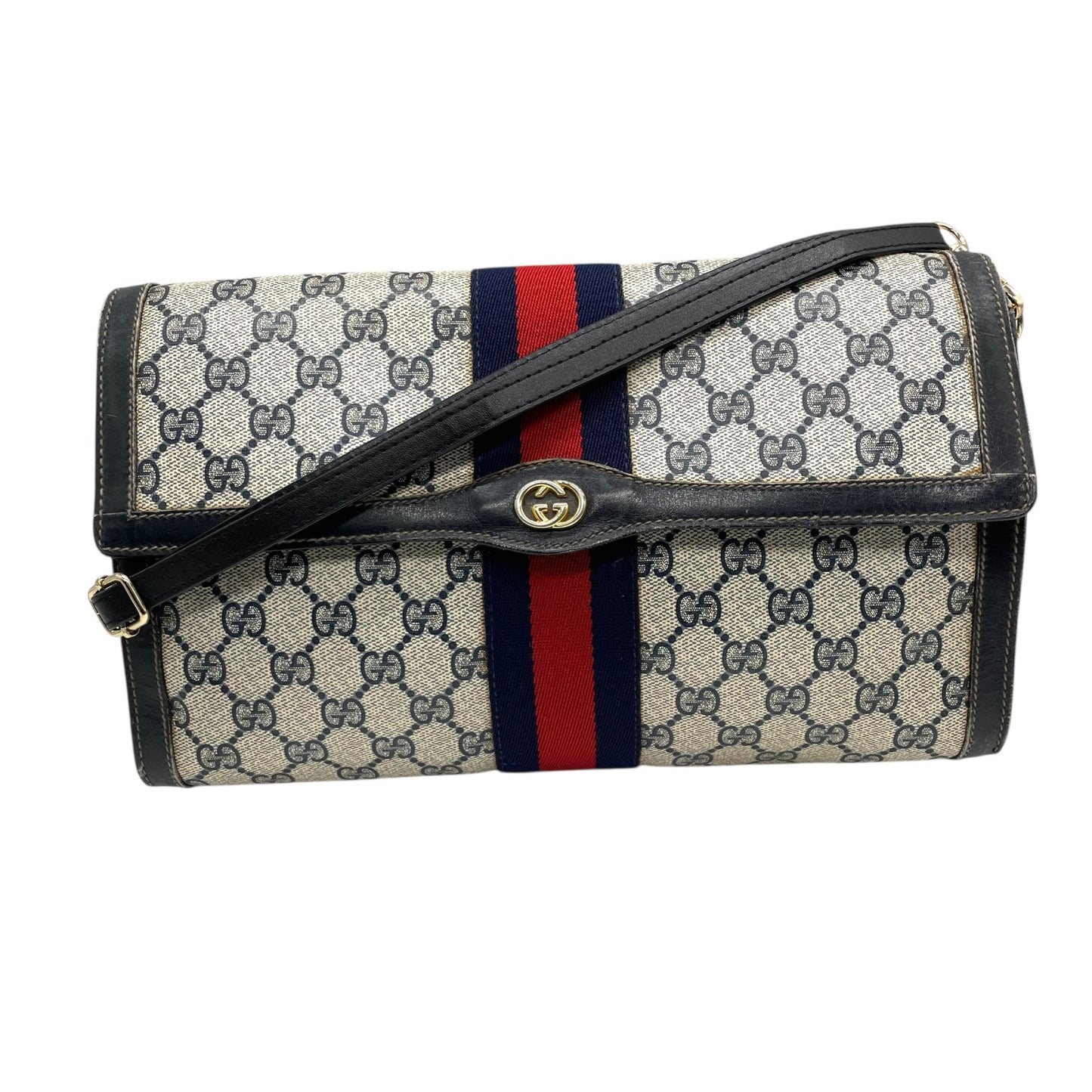 GUCCI グッチ GGスプリーム ショルダーバッグ ウェブライン グレー ネイビー PVC レザー ヴィンテージ z3