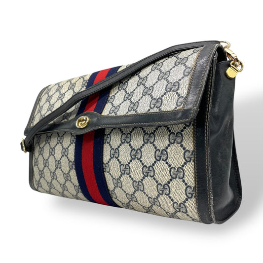 GUCCI グッチ GGスプリーム ショルダーバッグ ウェブライン グレー ネイビー PVC レザー ヴィンテージ z3