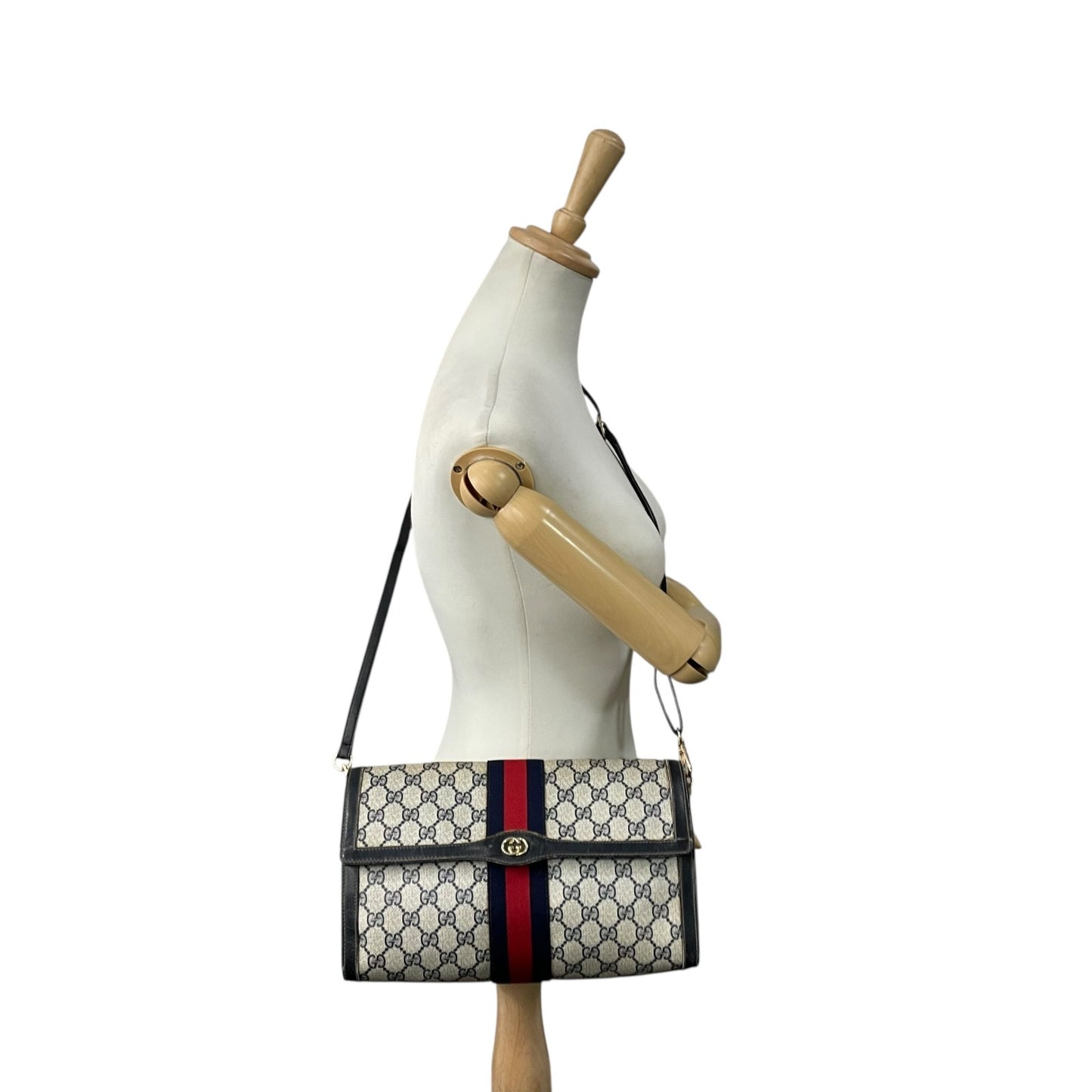 GUCCI グッチ GGスプリーム ショルダーバッグ ウェブライン グレー ネイビー PVC レザー ヴィンテージ z3