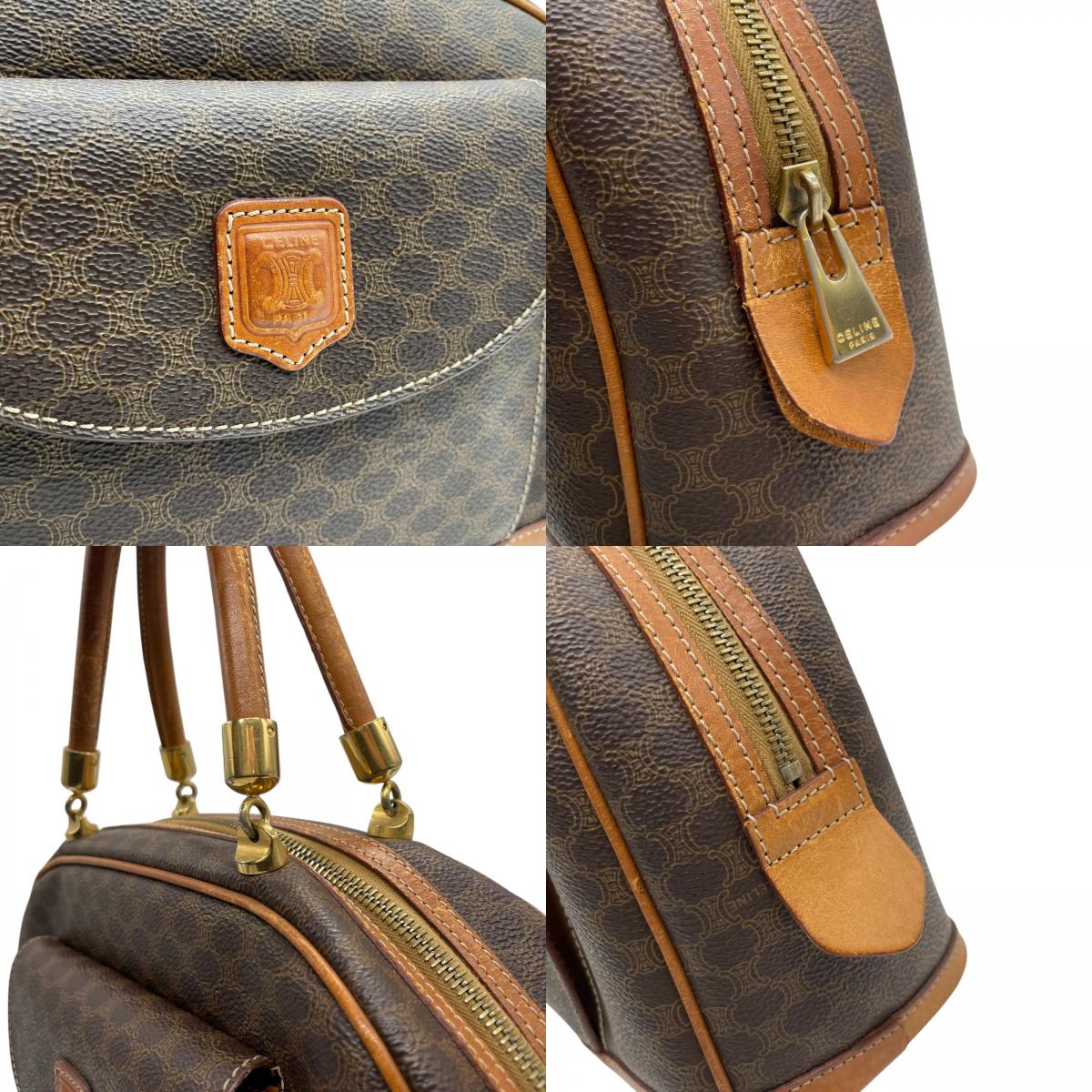 CELINE オールドセリーヌ マカダム PVC レザー ハンドバッグ フロントポケット ブラウン ゴールド金具 クラシックレディース Z3