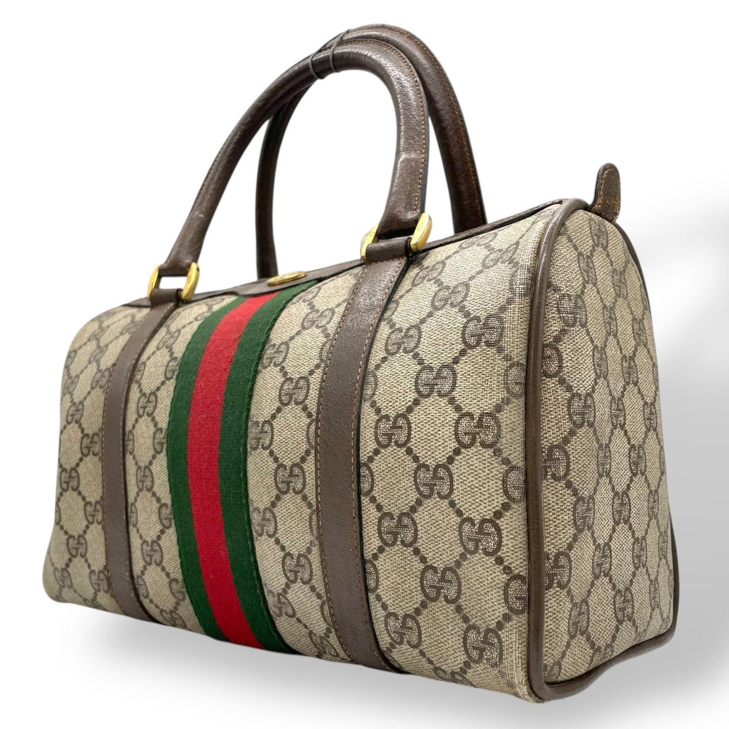 GUCCI グッチ ヴィンテージ GGスプリーム ミニボストン ハンドバッグ インターロッキングG ボストンバッグ GG柄 シェリーライン ベージュ ブラウン PVC レザー オールドグッチ F