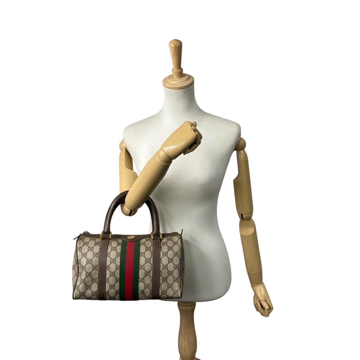 GUCCI グッチ ヴィンテージ GGスプリーム ミニボストン ハンドバッグ インターロッキングG ボストンバッグ GG柄 シェリーライン ベージュ ブラウン PVC レザー オールドグッチ F