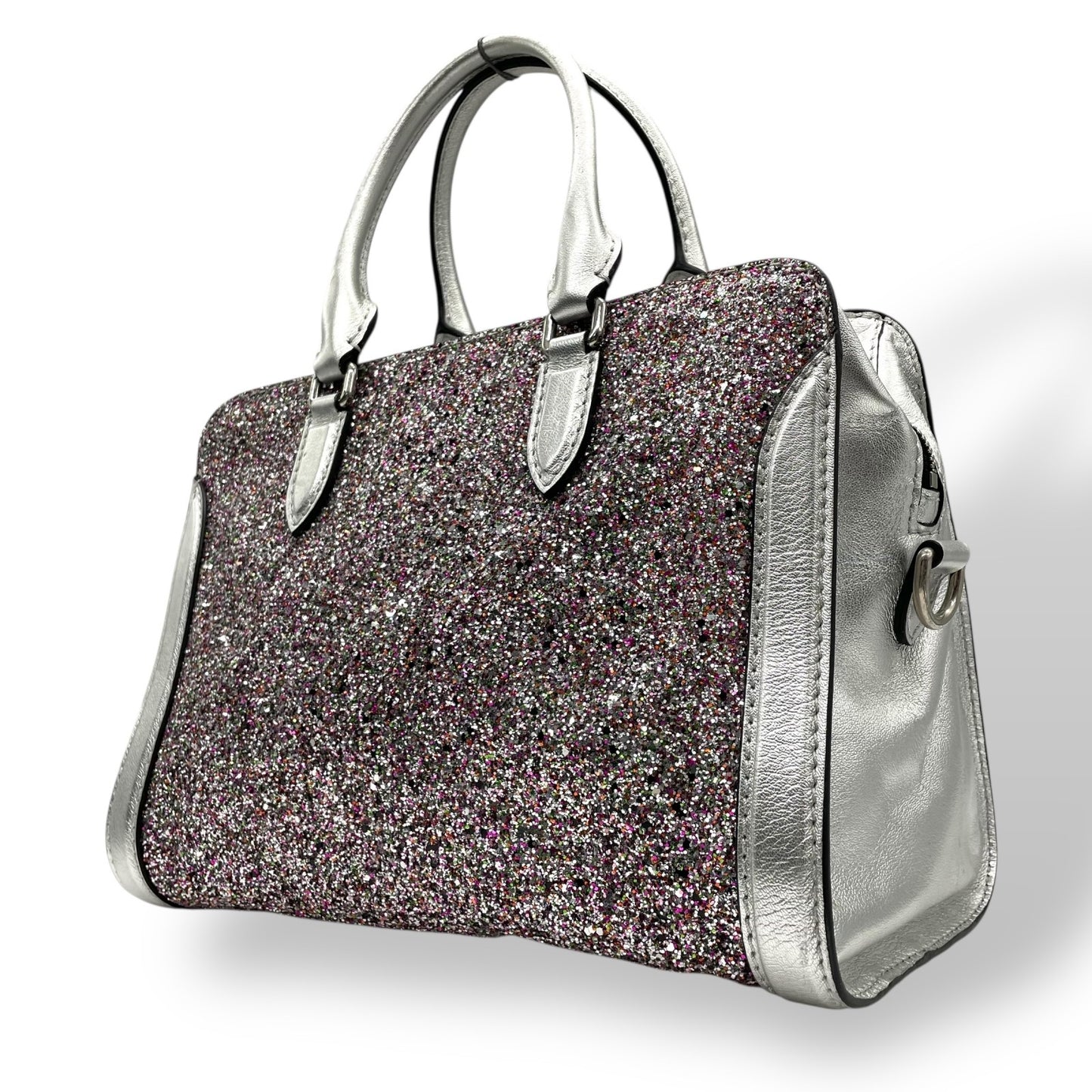 美品 アレキサンダーマックイーン Alexander McQueen ハンドバッグ マルチカラー ビーズ グリッター シルバーレザー トップハンドル セミストラクチャー デザイナーズバッグ A6