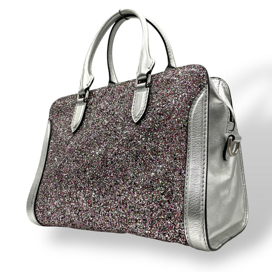 美品 アレキサンダーマックイーン Alexander McQueen ハンドバッグ マルチカラー ビーズ グリッター シルバーレザー トップハンドル セミストラクチャー デザイナーズバッグ A6