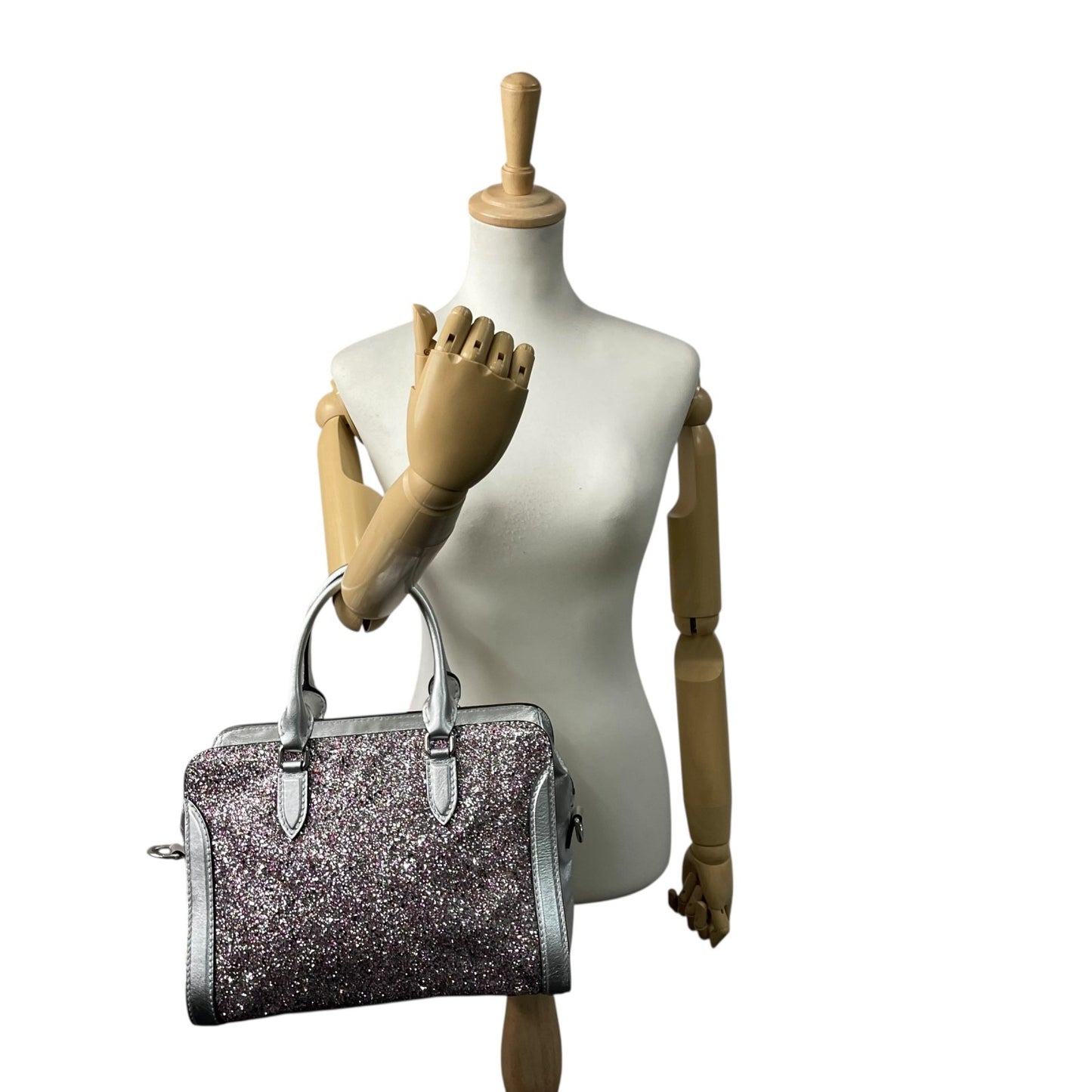 美品 アレキサンダーマックイーン Alexander McQueen ハンドバッグ マルチカラー ビーズ グリッター シルバーレザー トップハンドル セミストラクチャー デザイナーズバッグ A6