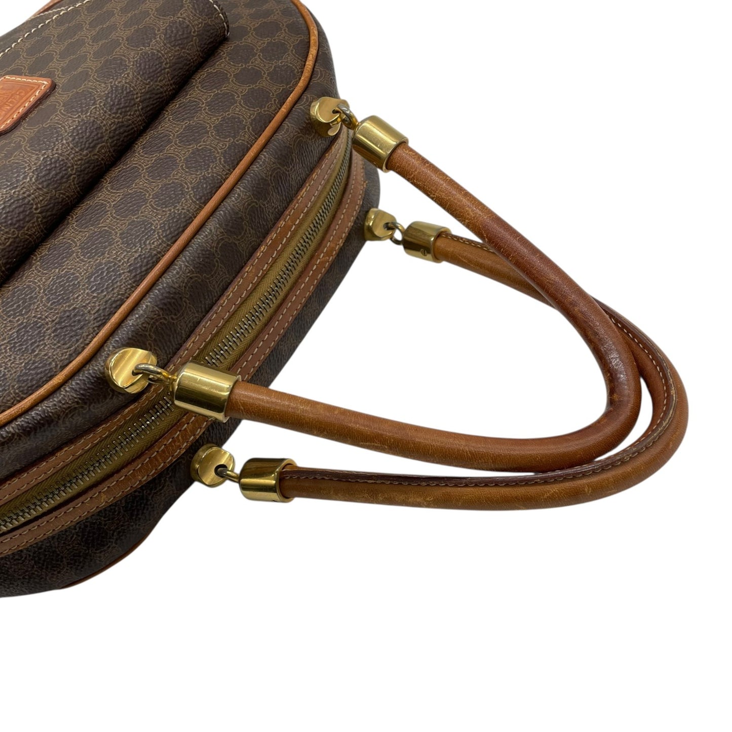 CELINE オールドセリーヌ マカダム PVC レザー ハンドバッグ フロントポケット ブラウン ゴールド金具 クラシックレディース Z3