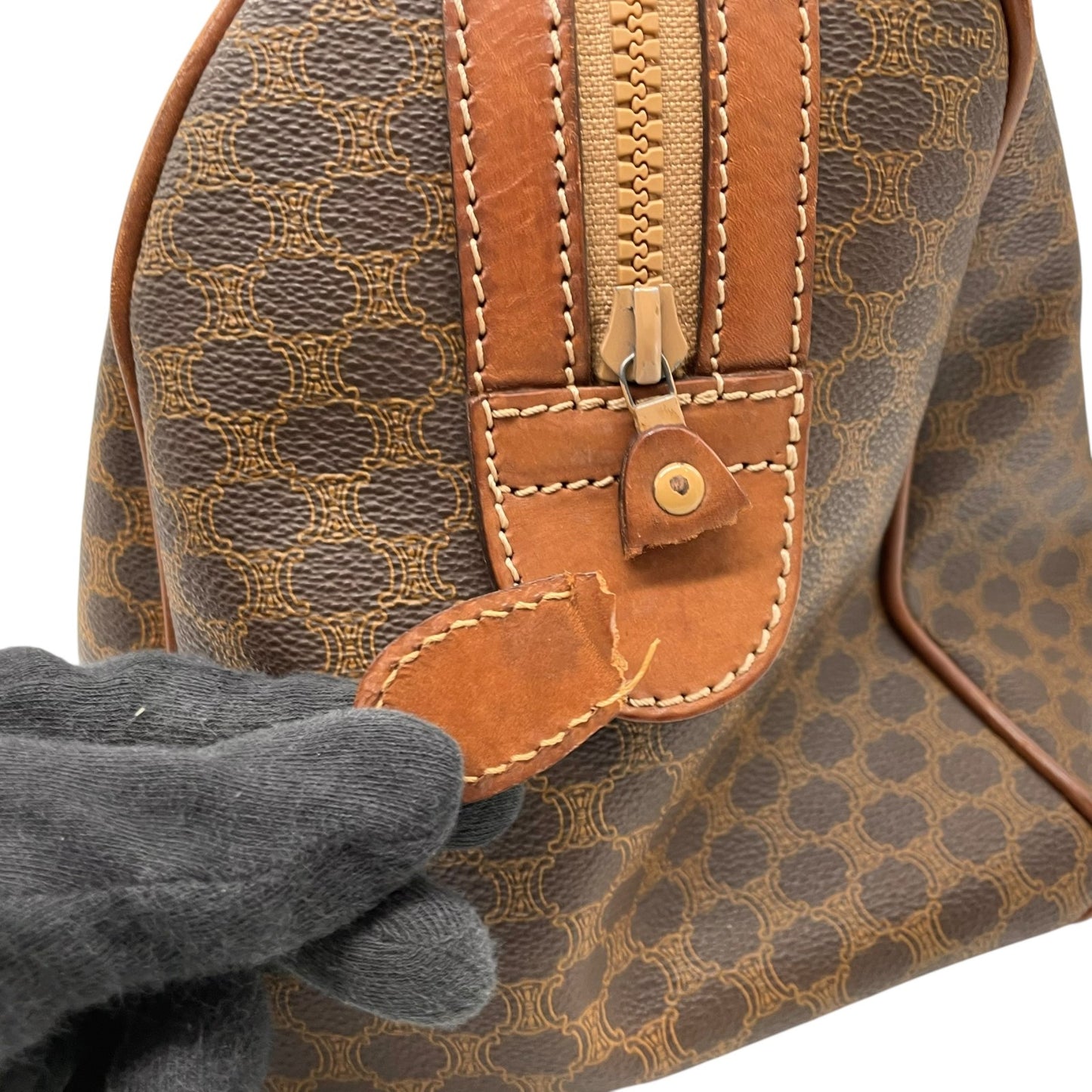 CELINE ヴィンテージ マカダム ミニボストンバッグ M06 オールドセリーヌ トリオンフ PVC レザー ブラウン ゴールド金具 レディース B