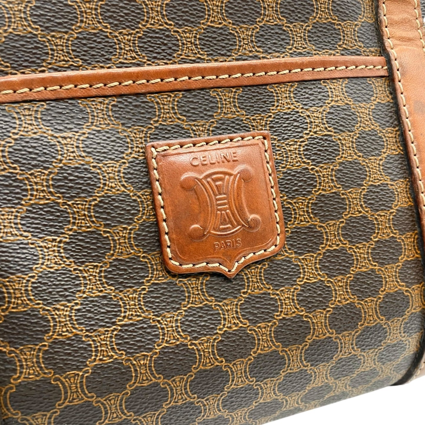 CELINE ヴィンテージ マカダム ミニボストンバッグ M06 オールドセリーヌ トリオンフ PVC レザー ブラウン ゴールド金具 レディース B