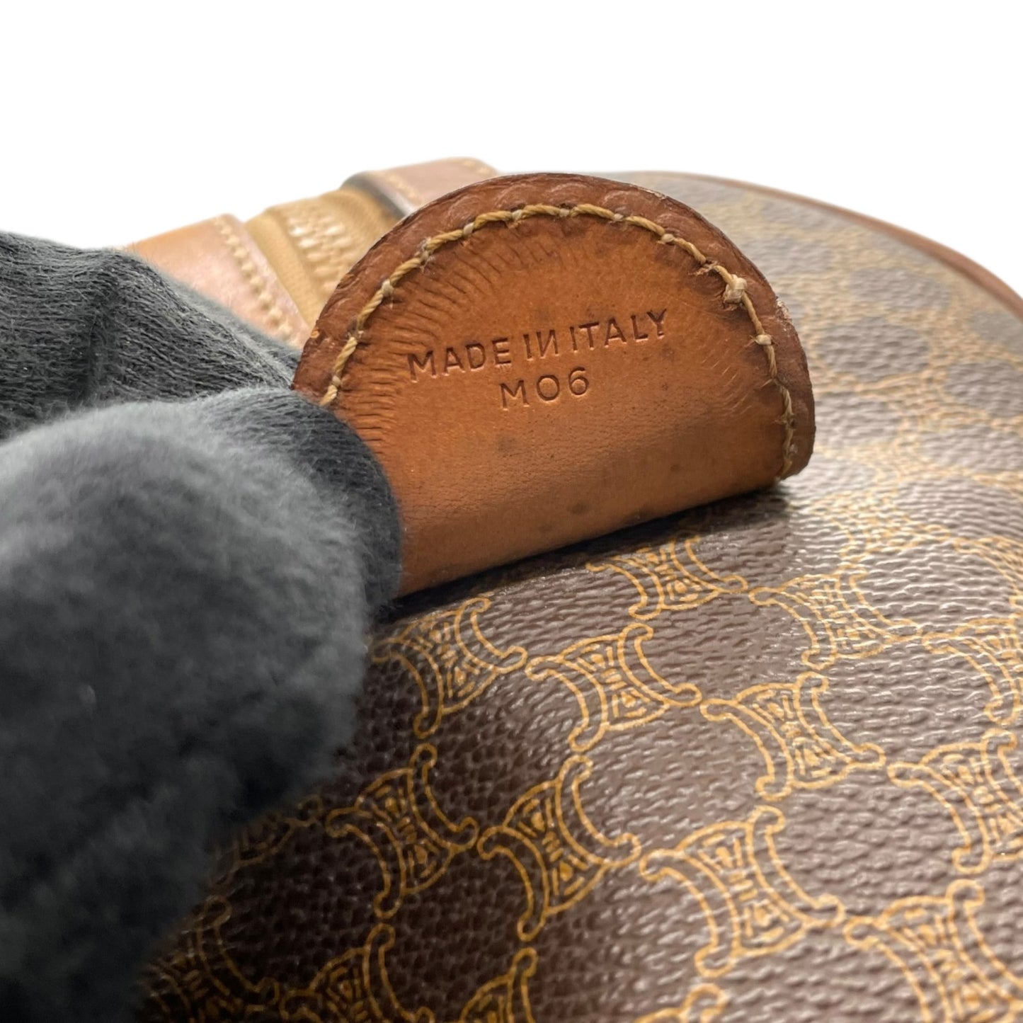 CELINE ヴィンテージ マカダム ミニボストンバッグ M06 オールドセリーヌ トリオンフ PVC レザー ブラウン ゴールド金具 レディース B