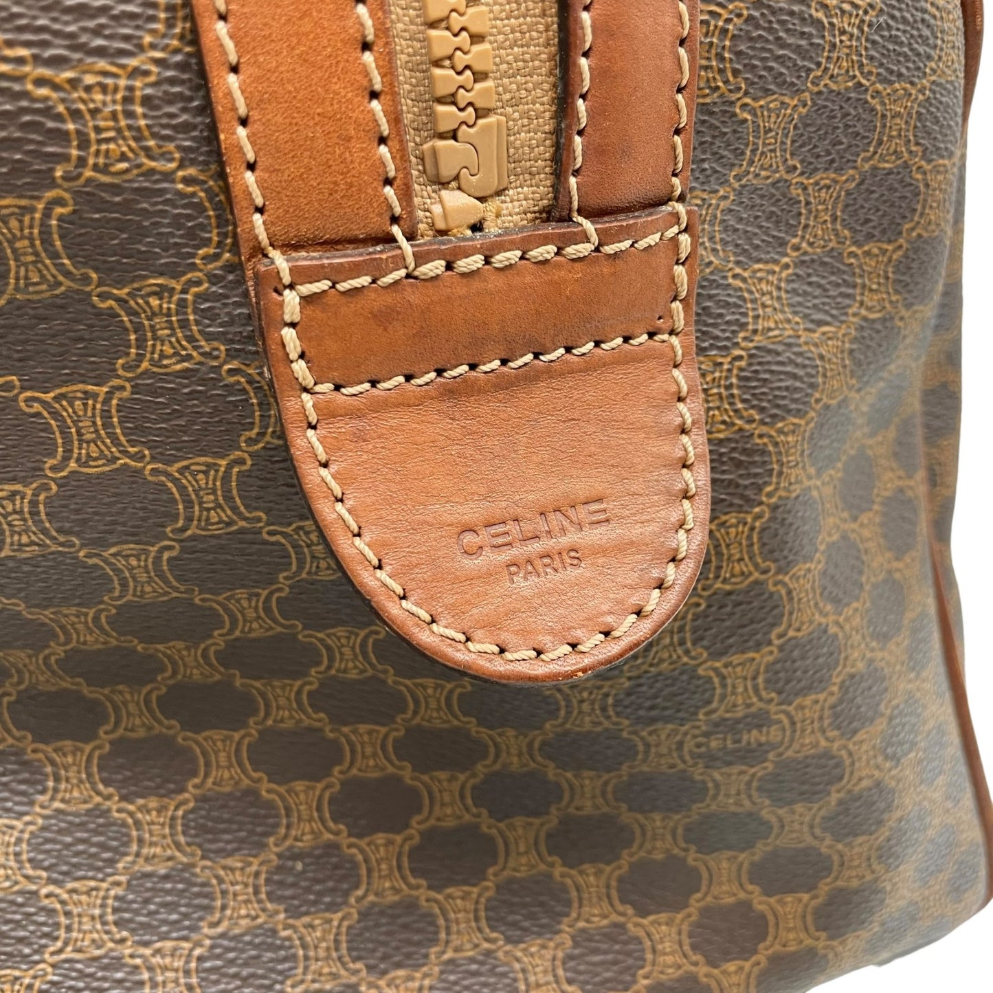 CELINE ヴィンテージ マカダム ミニボストンバッグ M06 オールドセリーヌ トリオンフ PVC レザー ブラウン ゴールド金具 レディース B