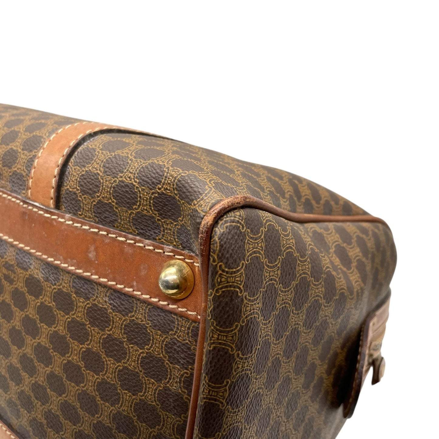 CELINE ヴィンテージ マカダム ミニボストンバッグ M06 オールドセリーヌ トリオンフ PVC レザー ブラウン ゴールド金具 レディース B