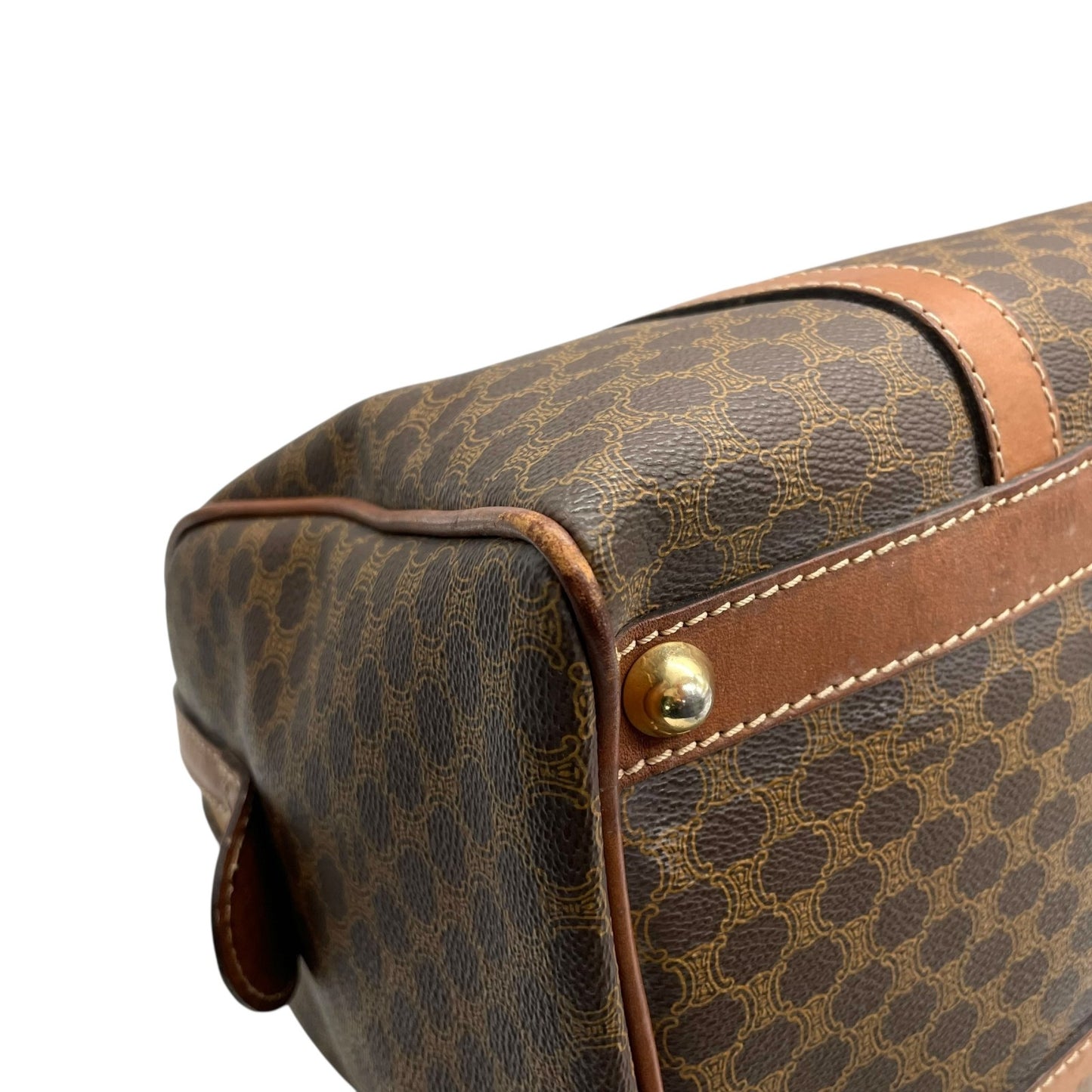 CELINE ヴィンテージ マカダム ミニボストンバッグ M06 オールドセリーヌ トリオンフ PVC レザー ブラウン ゴールド金具 レディース B