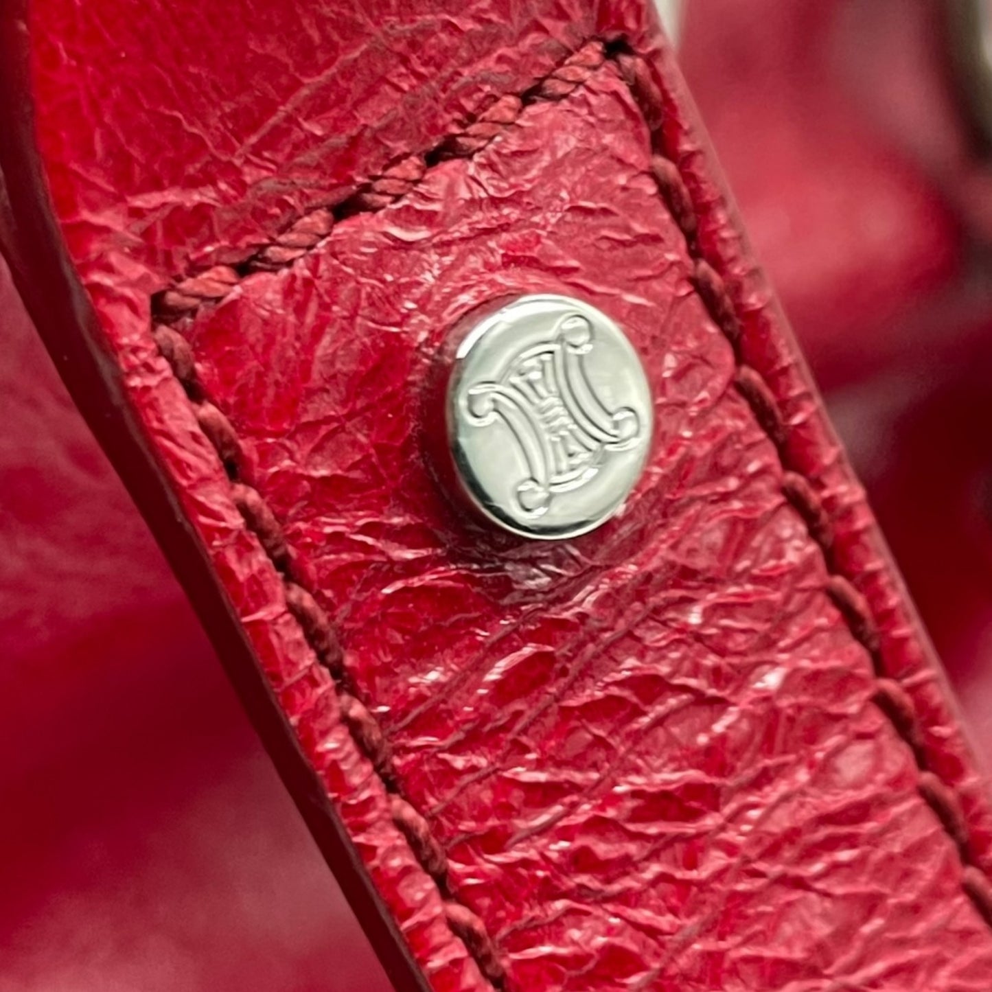 美品 セリーヌ CELINE ビタースウィート Bittersweet ハンドバッグ トートバッグ パテントレザー エナメル 本革 レッド 赤 シルバー金具 ギャザー レディース 肩掛け 軽量 大容量 オールドセリーヌ 鞄 カバン アクセントカラー K3