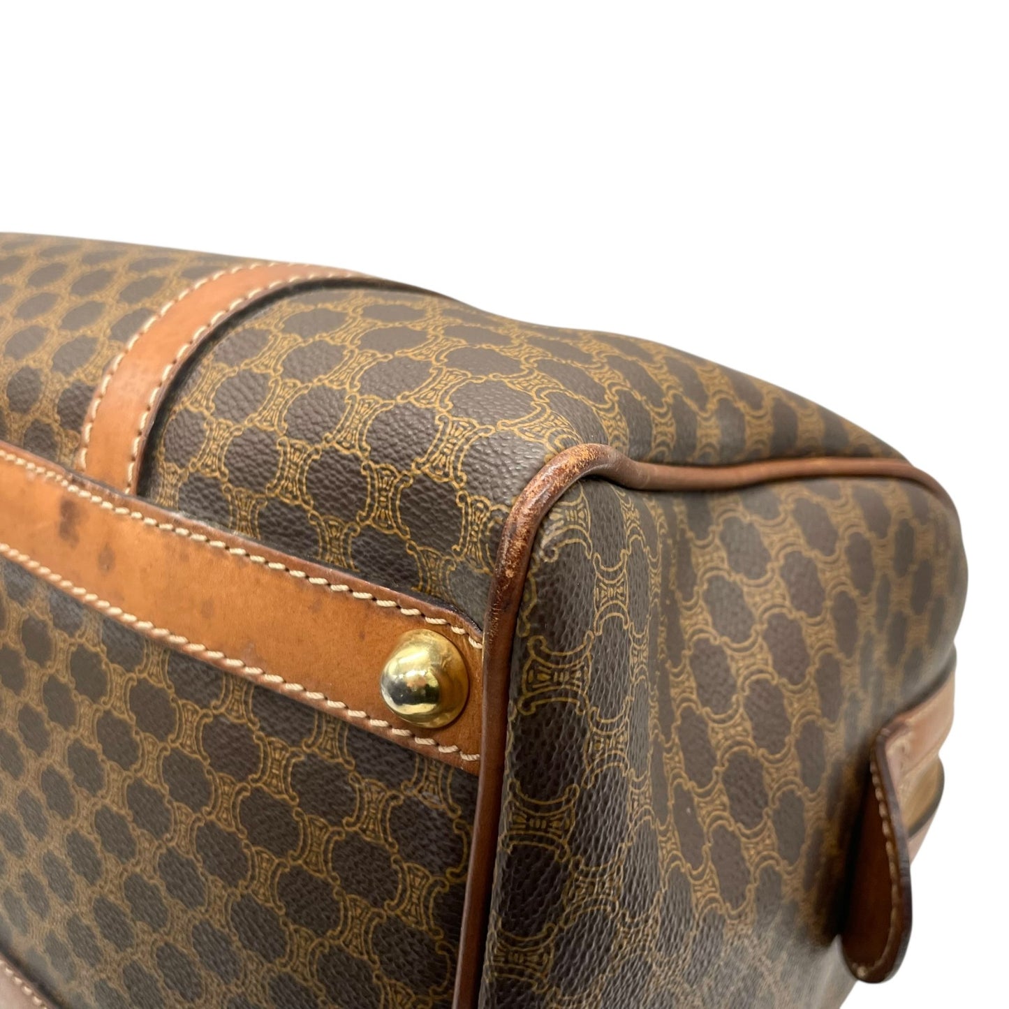 CELINE ヴィンテージ マカダム ミニボストンバッグ M06 オールドセリーヌ トリオンフ PVC レザー ブラウン ゴールド金具 レディース B