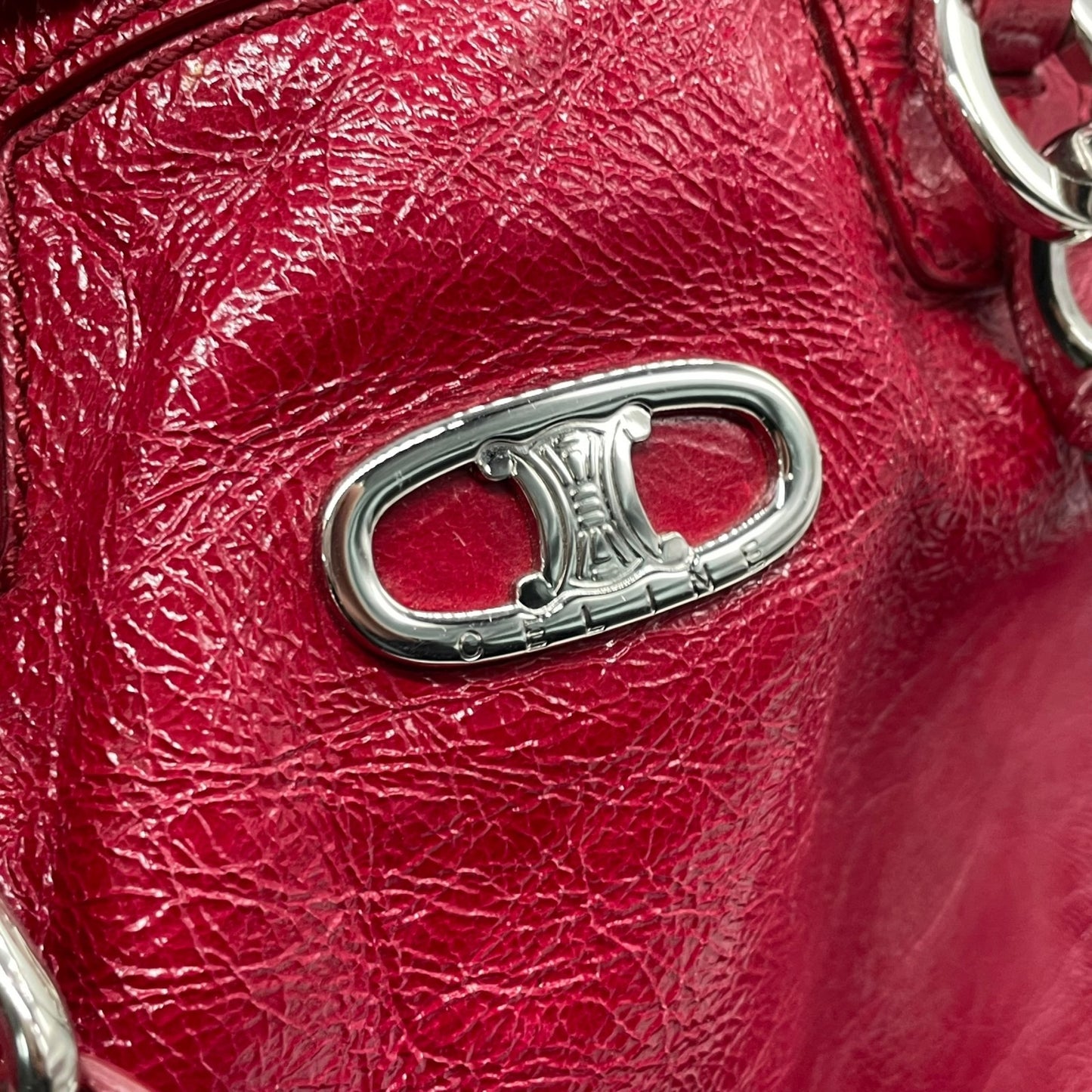 美品 セリーヌ CELINE ビタースウィート Bittersweet ハンドバッグ トートバッグ パテントレザー エナメル 本革 レッド 赤 シルバー金具 ギャザー レディース 肩掛け 軽量 大容量 オールドセリーヌ 鞄 カバン アクセントカラー K3