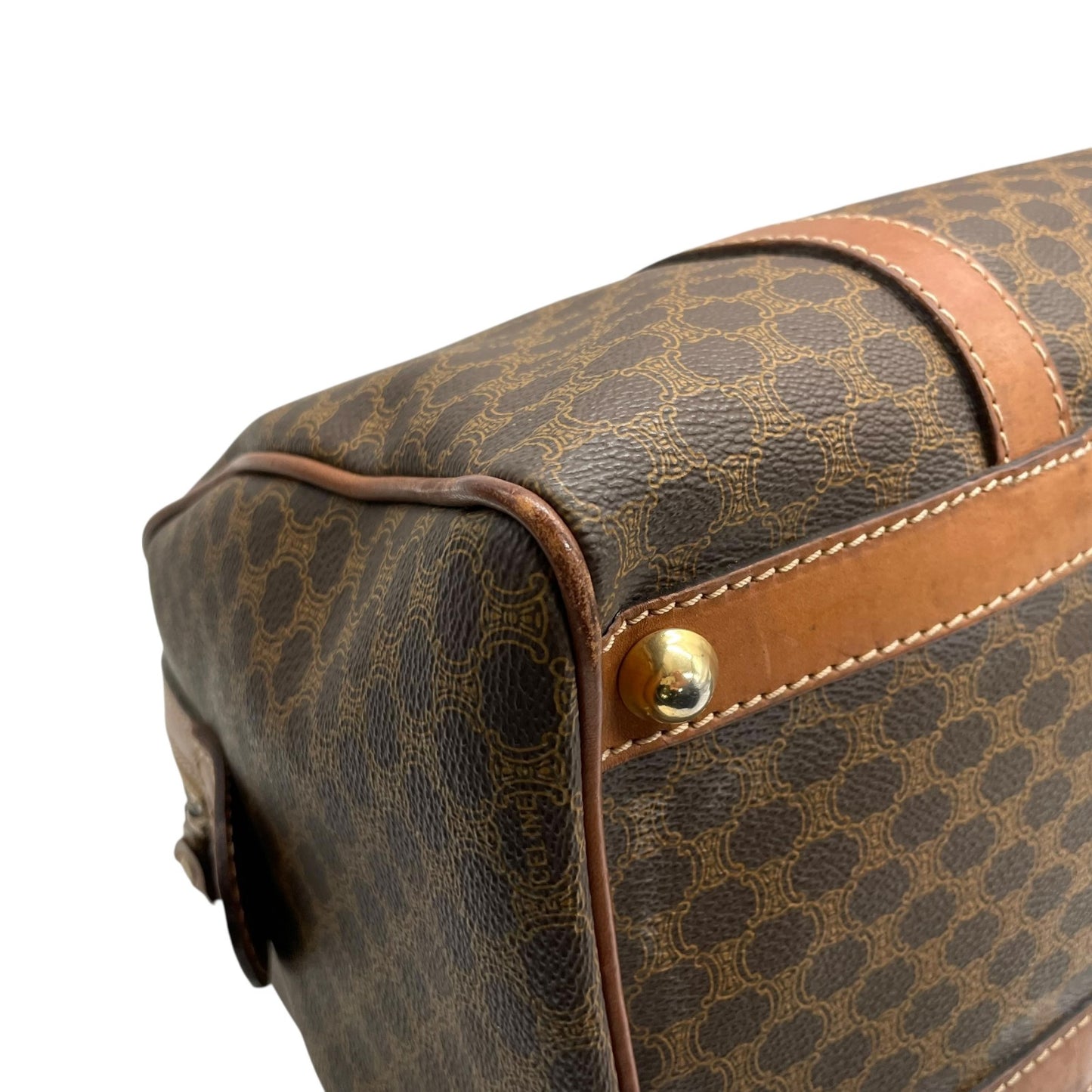 CELINE ヴィンテージ マカダム ミニボストンバッグ M06 オールドセリーヌ トリオンフ PVC レザー ブラウン ゴールド金具 レディース B