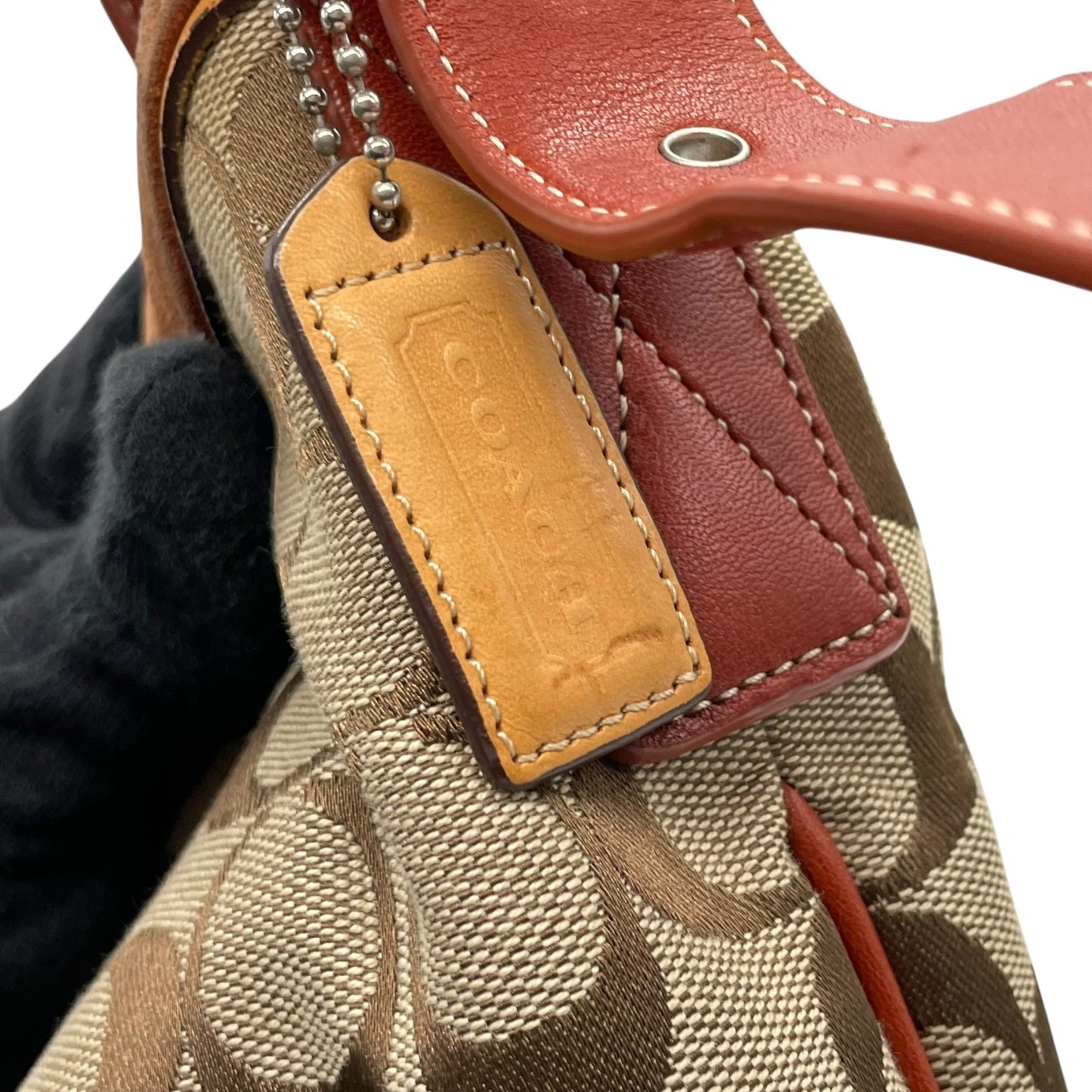 コーチ COACH シグネチャー ワンショルダーバッグ キャンバス スエード ブラウン系 茶色 トリミングレザー 肩掛けバッグ S91