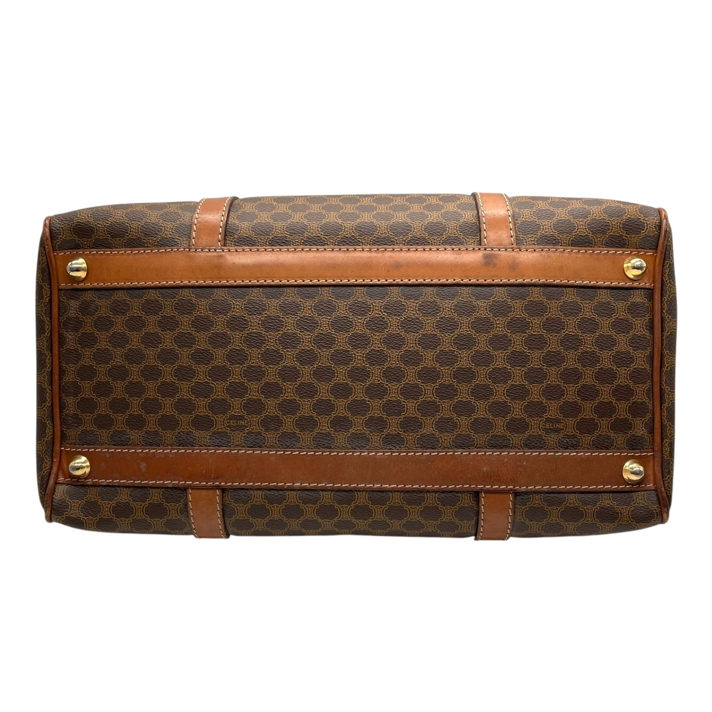 CELINE ヴィンテージ マカダム ミニボストンバッグ M06 オールドセリーヌ トリオンフ PVC レザー ブラウン ゴールド金具 レディース B