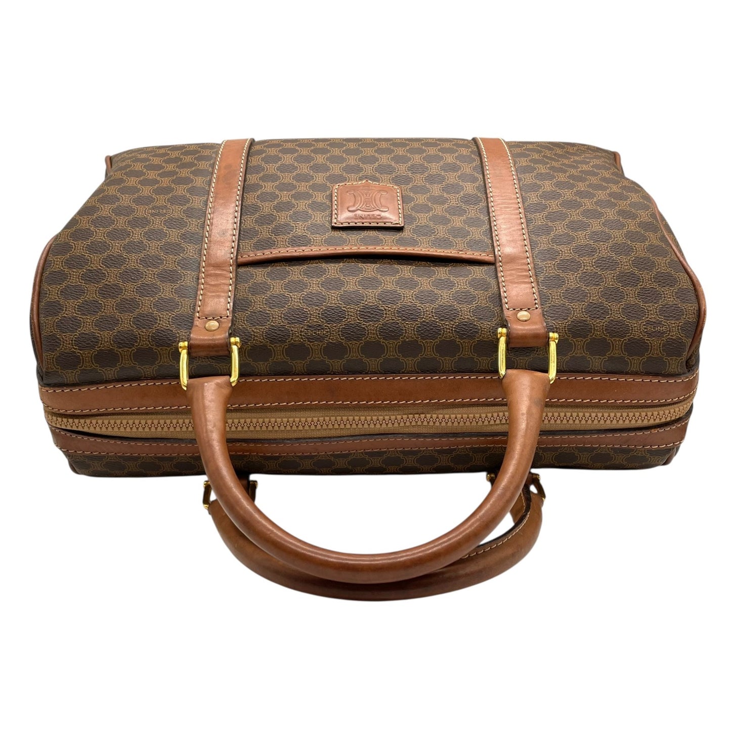 CELINE ヴィンテージ マカダム ミニボストンバッグ M06 オールドセリーヌ トリオンフ PVC レザー ブラウン ゴールド金具 レディース B