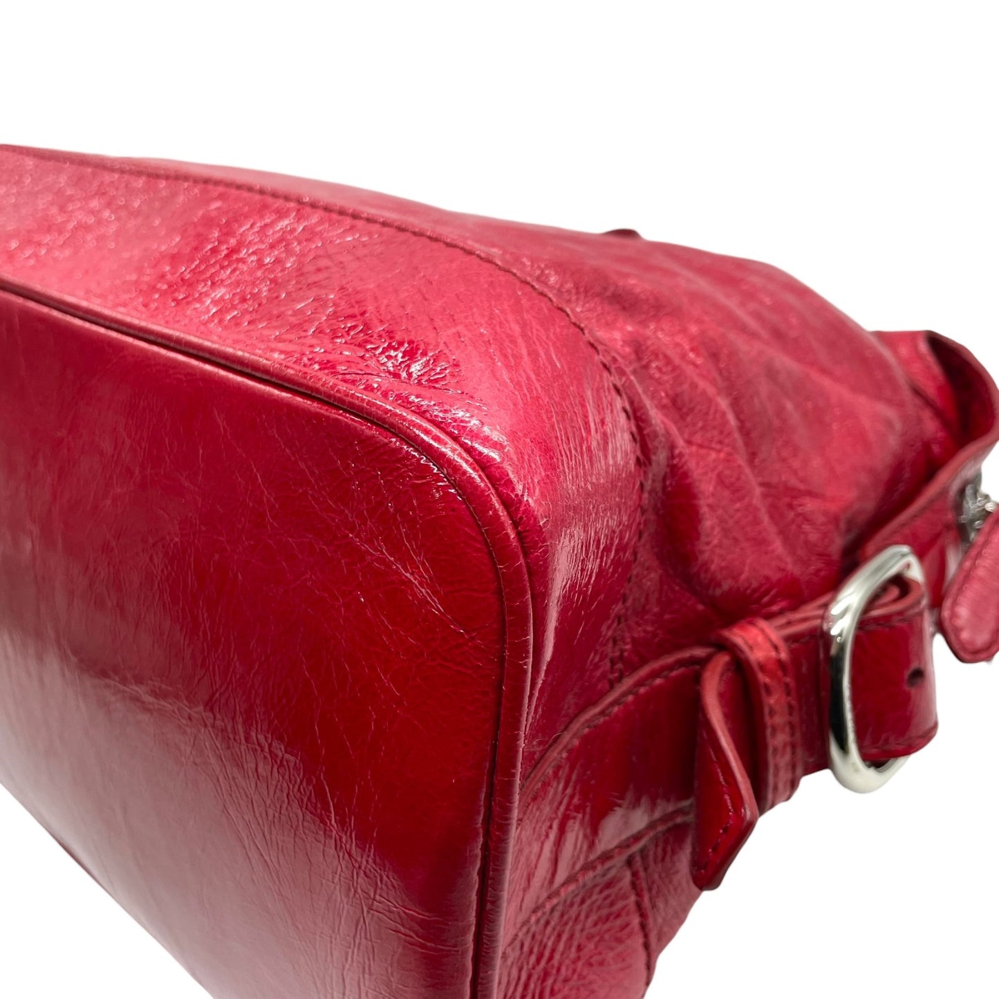美品 セリーヌ CELINE ビタースウィート Bittersweet ハンドバッグ トートバッグ パテントレザー エナメル 本革 レッド 赤 シルバー金具 ギャザー レディース 肩掛け 軽量 大容量 オールドセリーヌ 鞄 カバン アクセントカラー K3