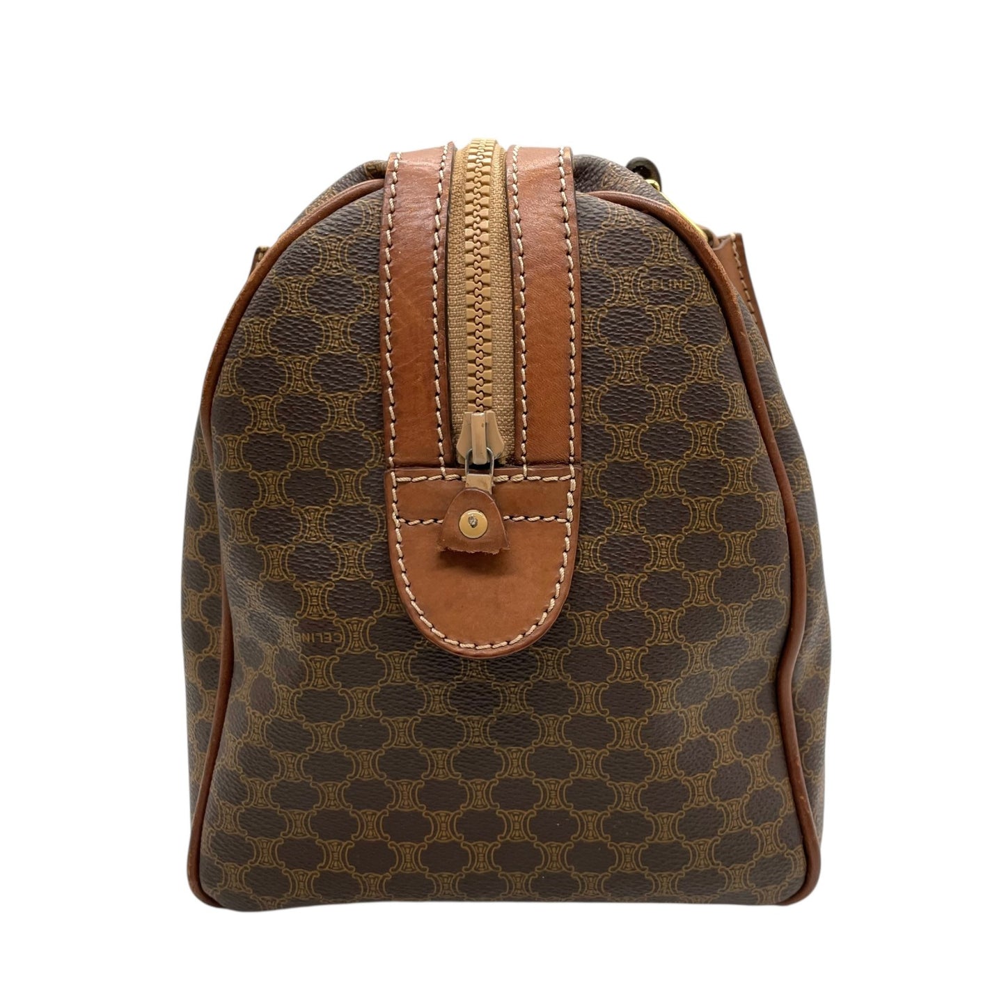 CELINE ヴィンテージ マカダム ミニボストンバッグ M06 オールドセリーヌ トリオンフ PVC レザー ブラウン ゴールド金具 レディース B